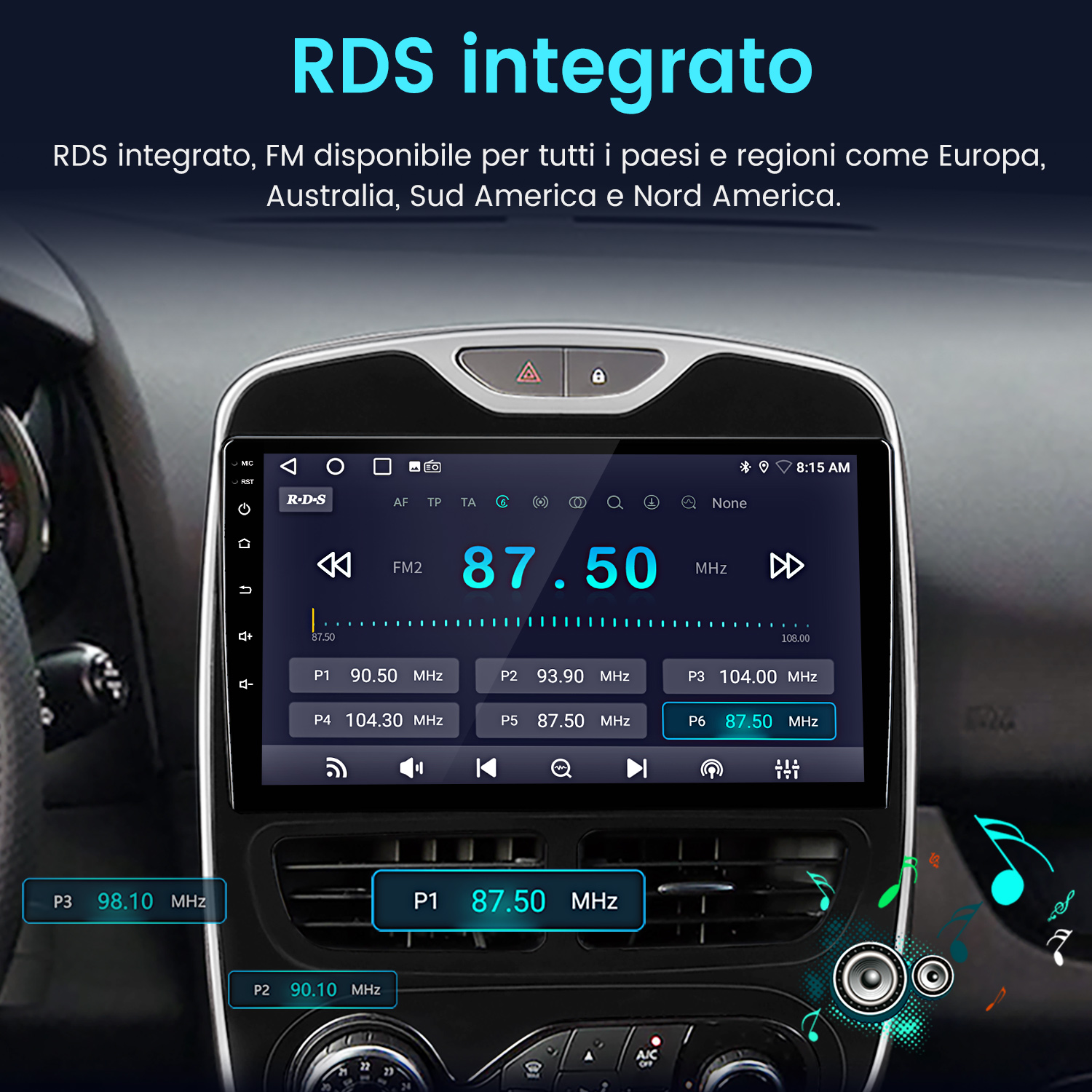 Display autoradio mostra FM2 87.50 MHz con stazioni preimpostate.