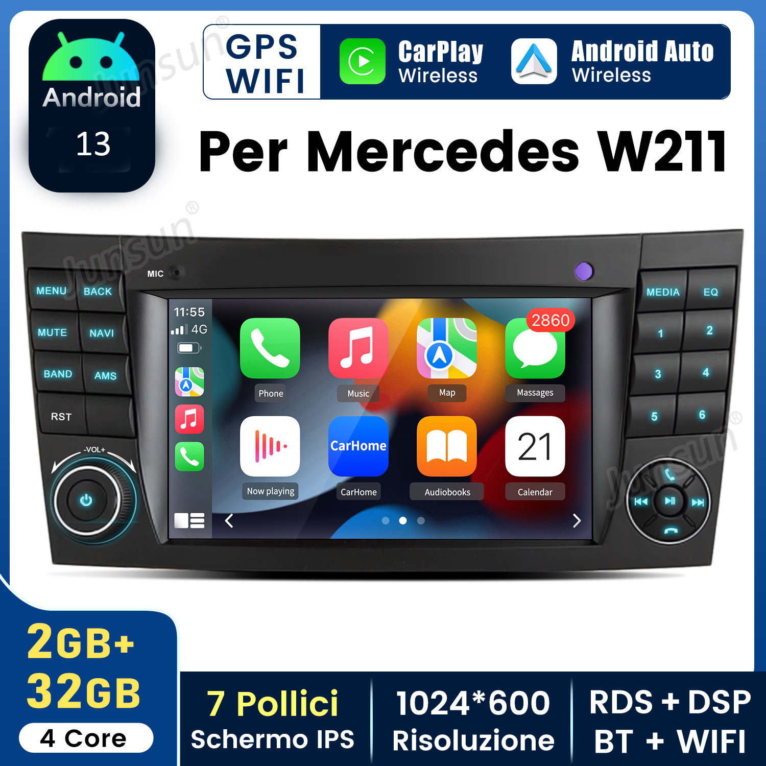 Infotainment Android 13 per Mercedes W211 con CarPlay, Android Auto, GPS, WiFi.