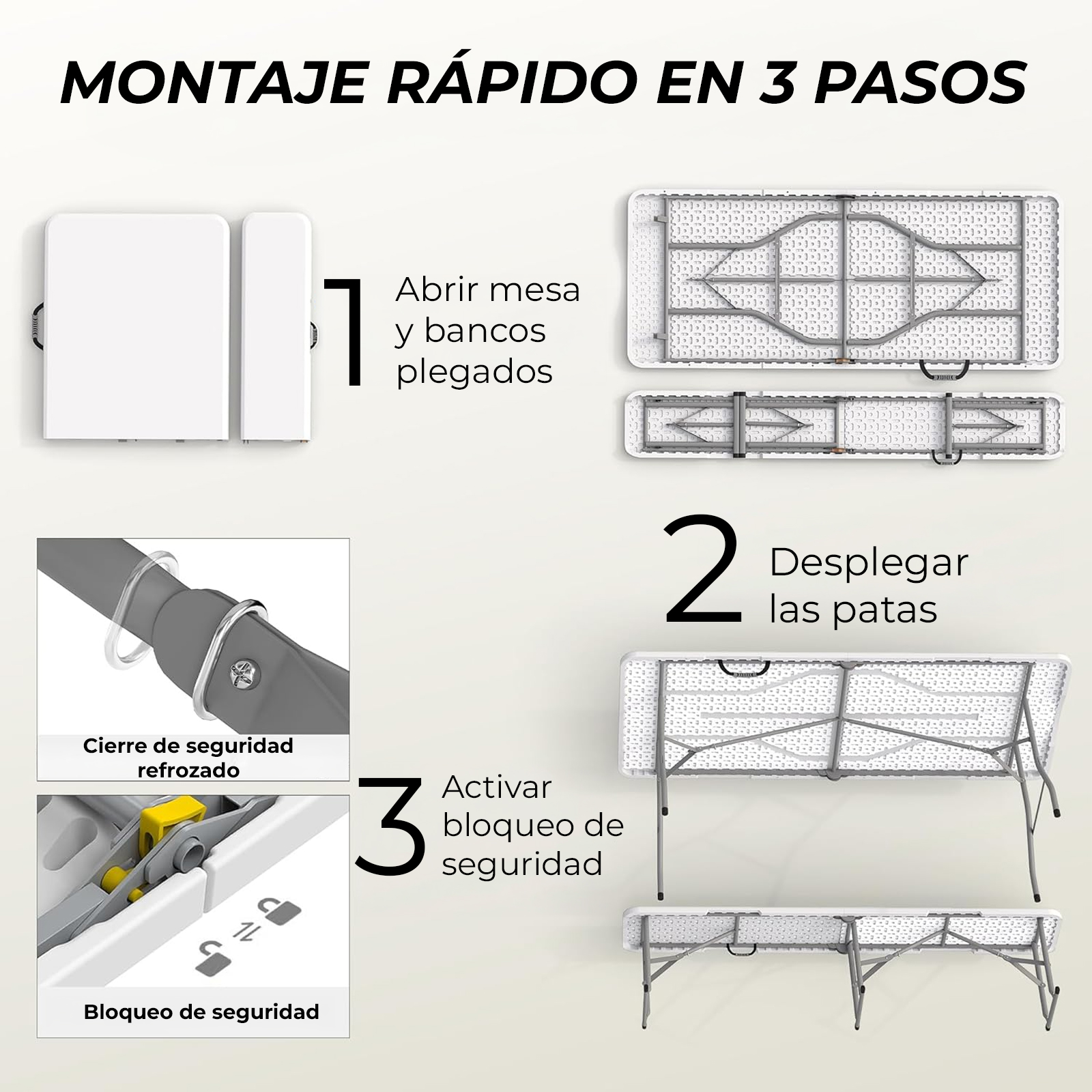 Instrucciones para mesa plegable en 3 pasos: Abrir, desplegar patas, asegurar.