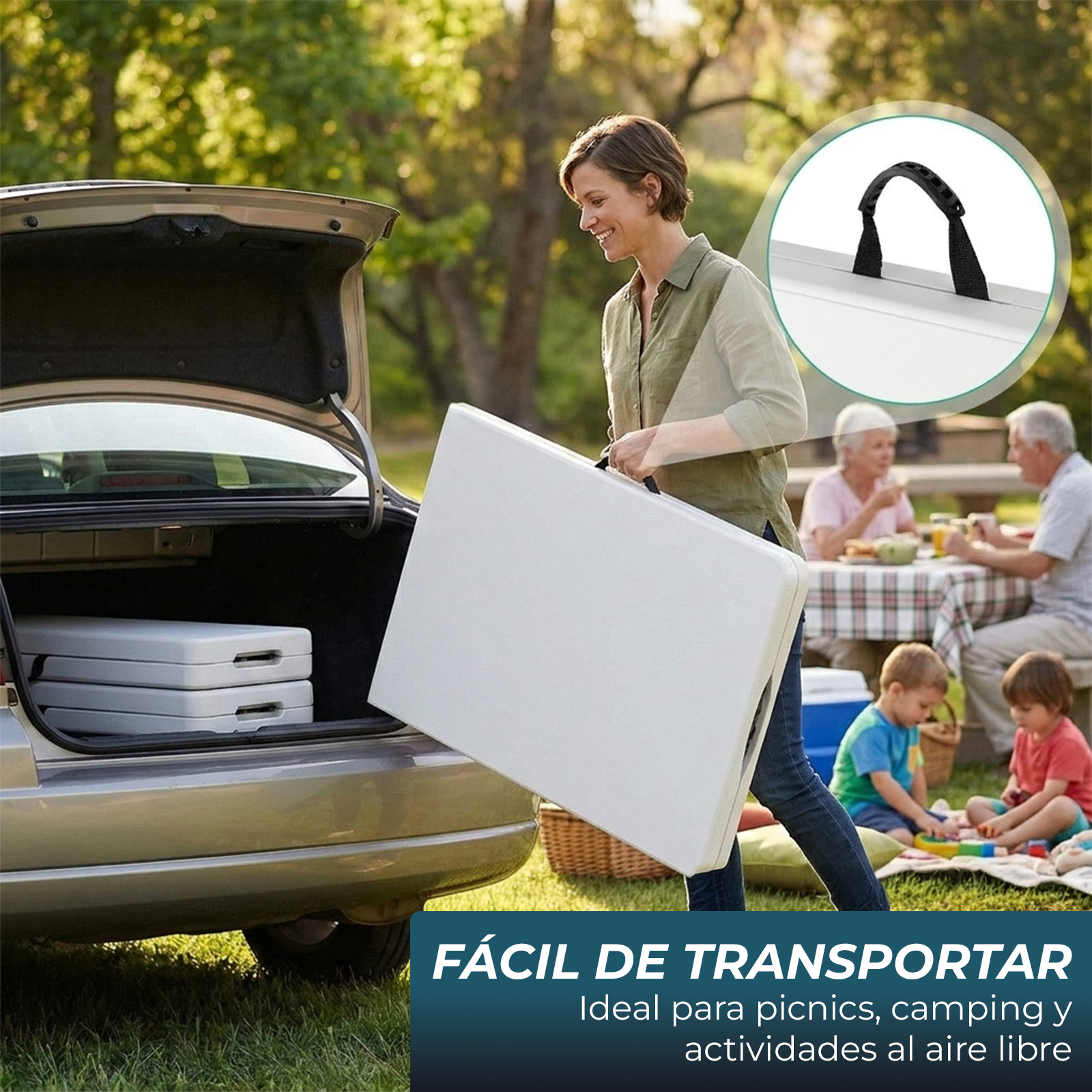 Mujer carga mesa plegable blanca de coche. Familia hace picnic atrás.