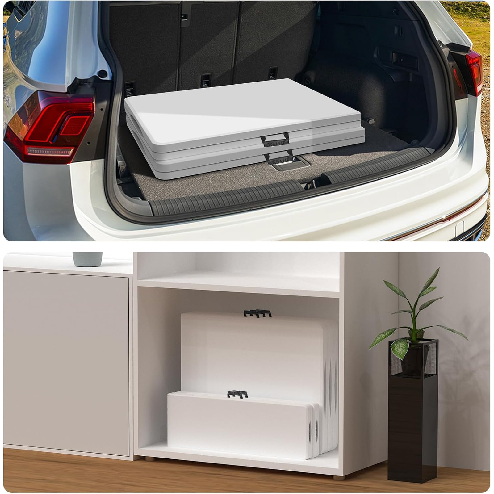 Una mesa plegable blanca en el maletero de un coche y en un estante.