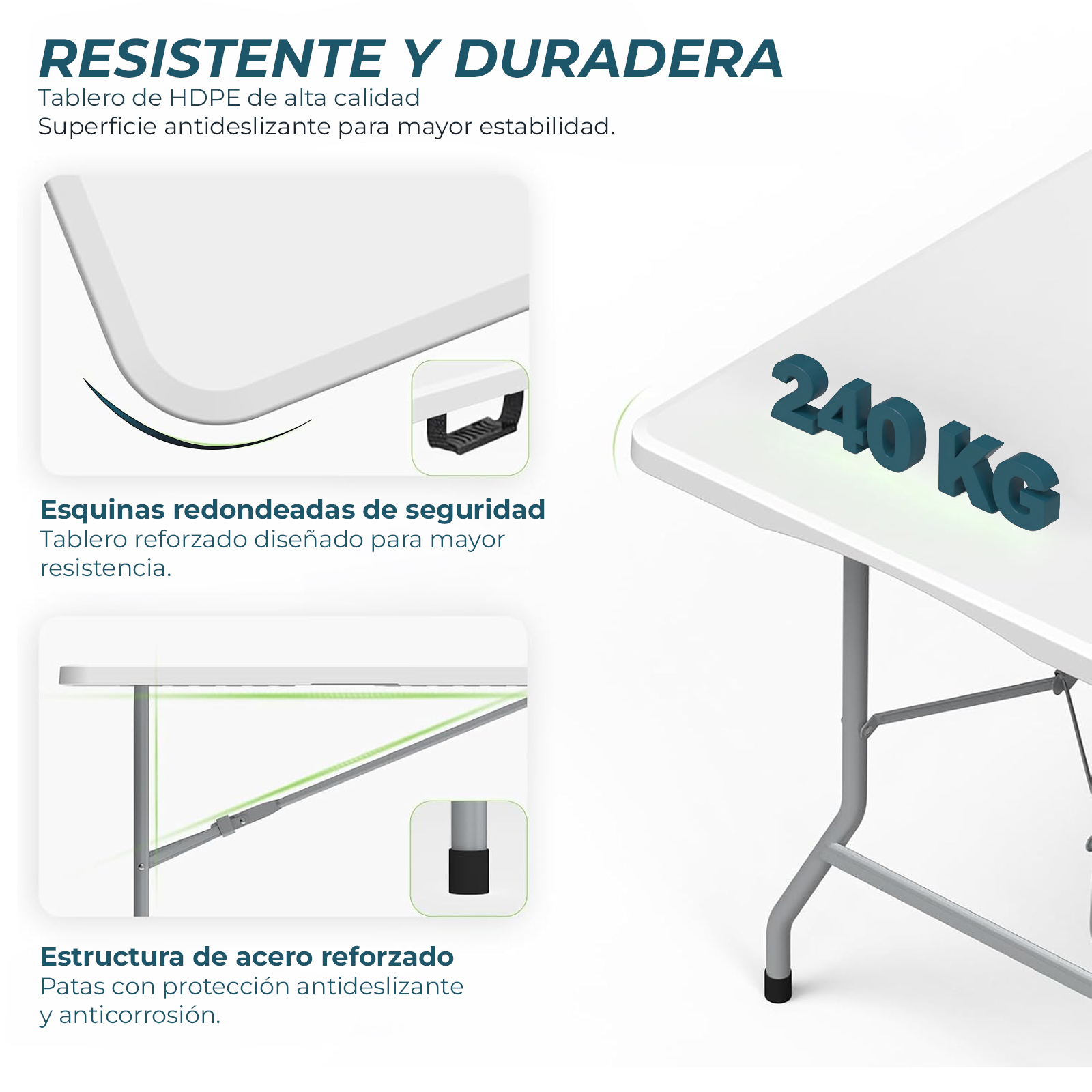 Mesa blanca con números 3D azules que indican 240 KG.