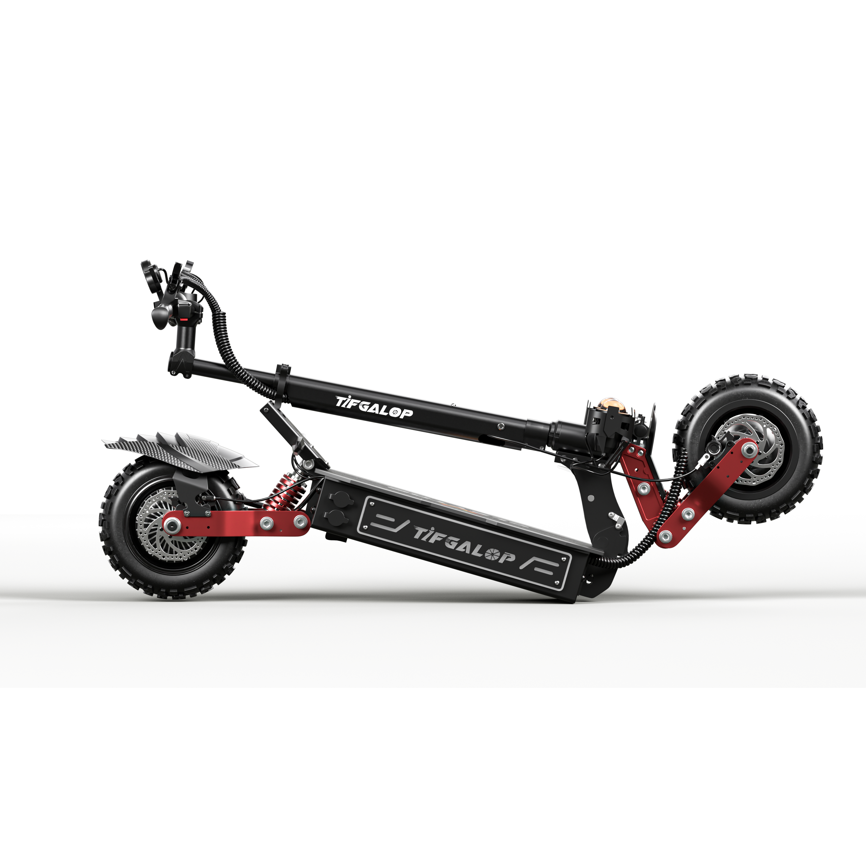 Czarna hulajnoga elektryczna z czerwonymi akcentami, oponami terenowymi i hamulcami tarczowymi.