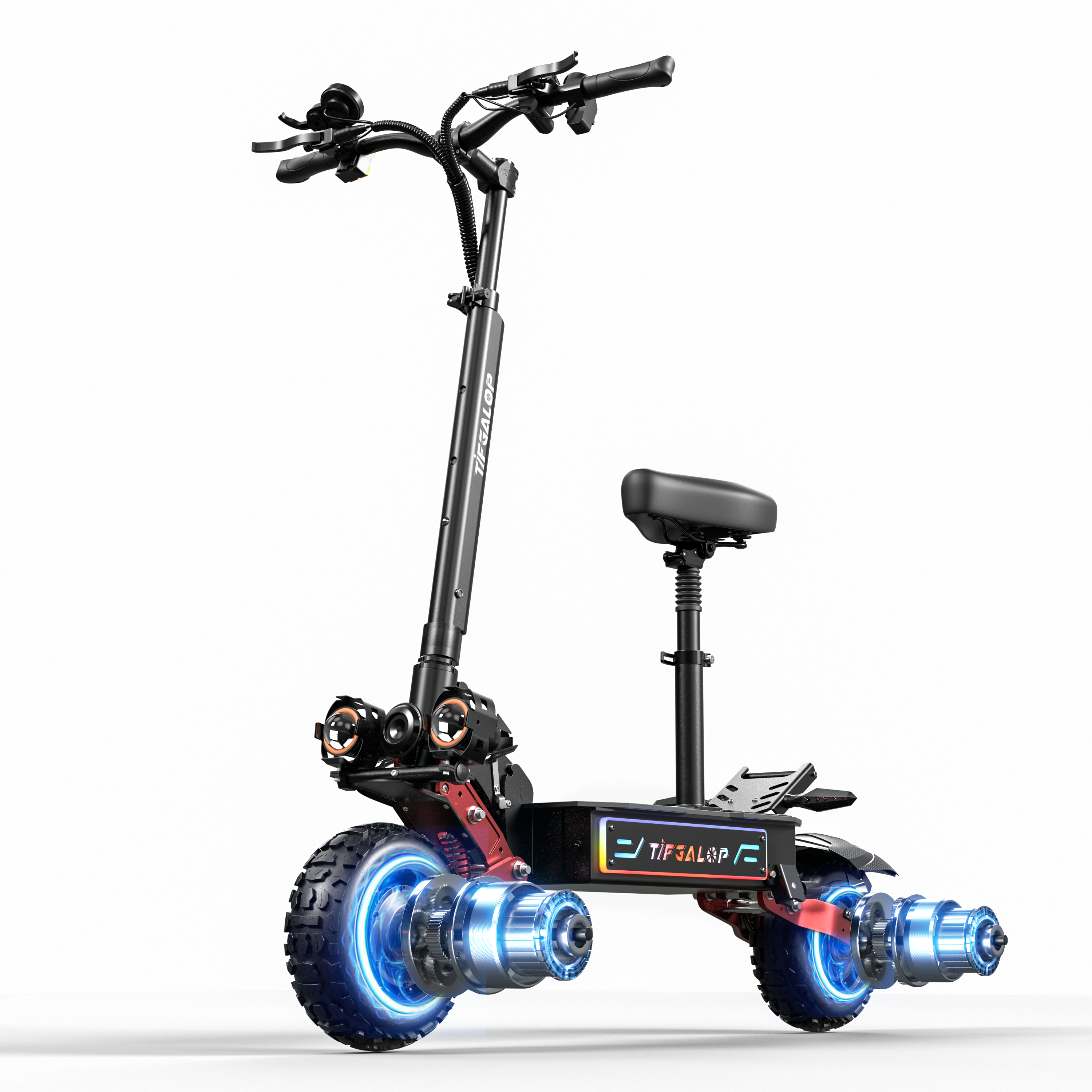 Czarny skuter elektryczny z siedzeniem i świecącymi niebieskimi kołami.