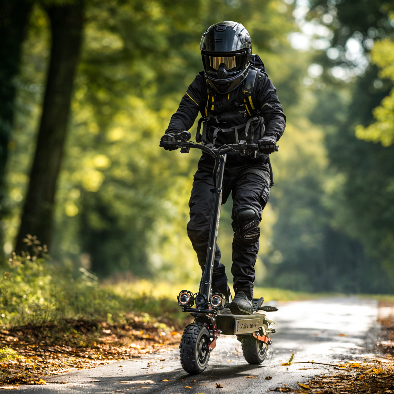 Osoba w czarnym ubraniu jedzie skuterem elektrycznym leśną ścieżką.