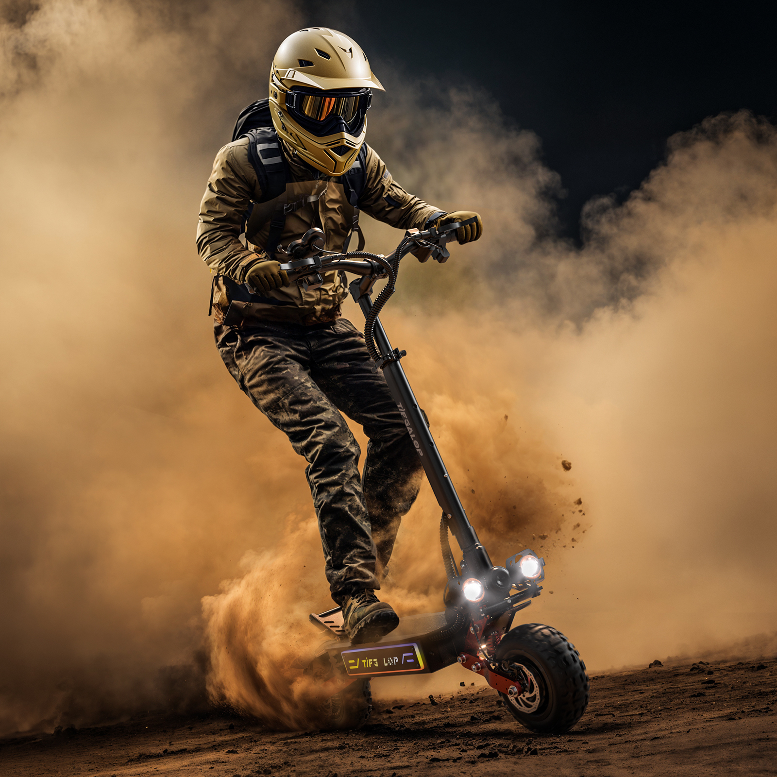 Jeździec w sprzęcie ochronnym na hulajnodze elektrycznej wzbijający kurz.