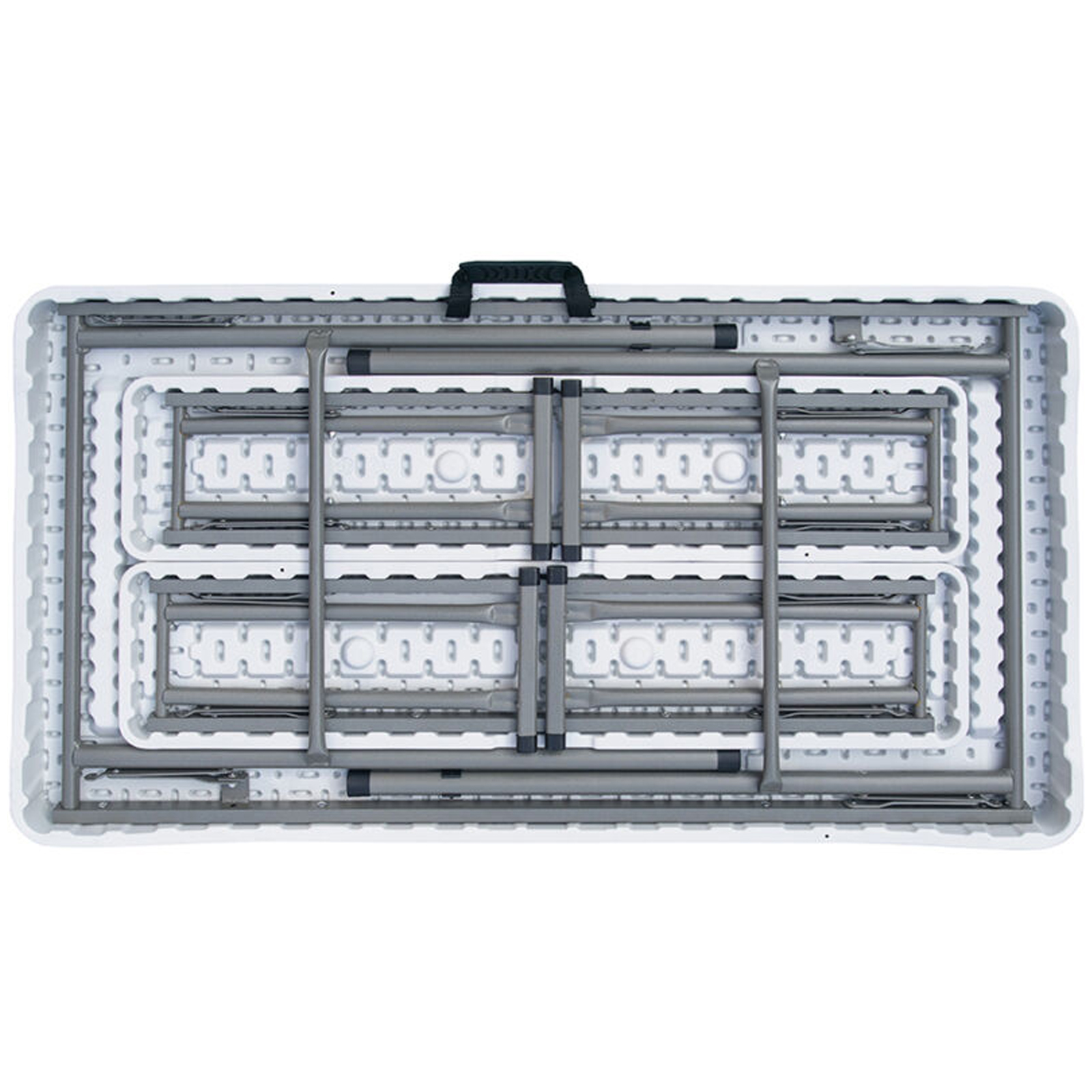 Mesa blanca plegada con marco metálico gris y asa negra.