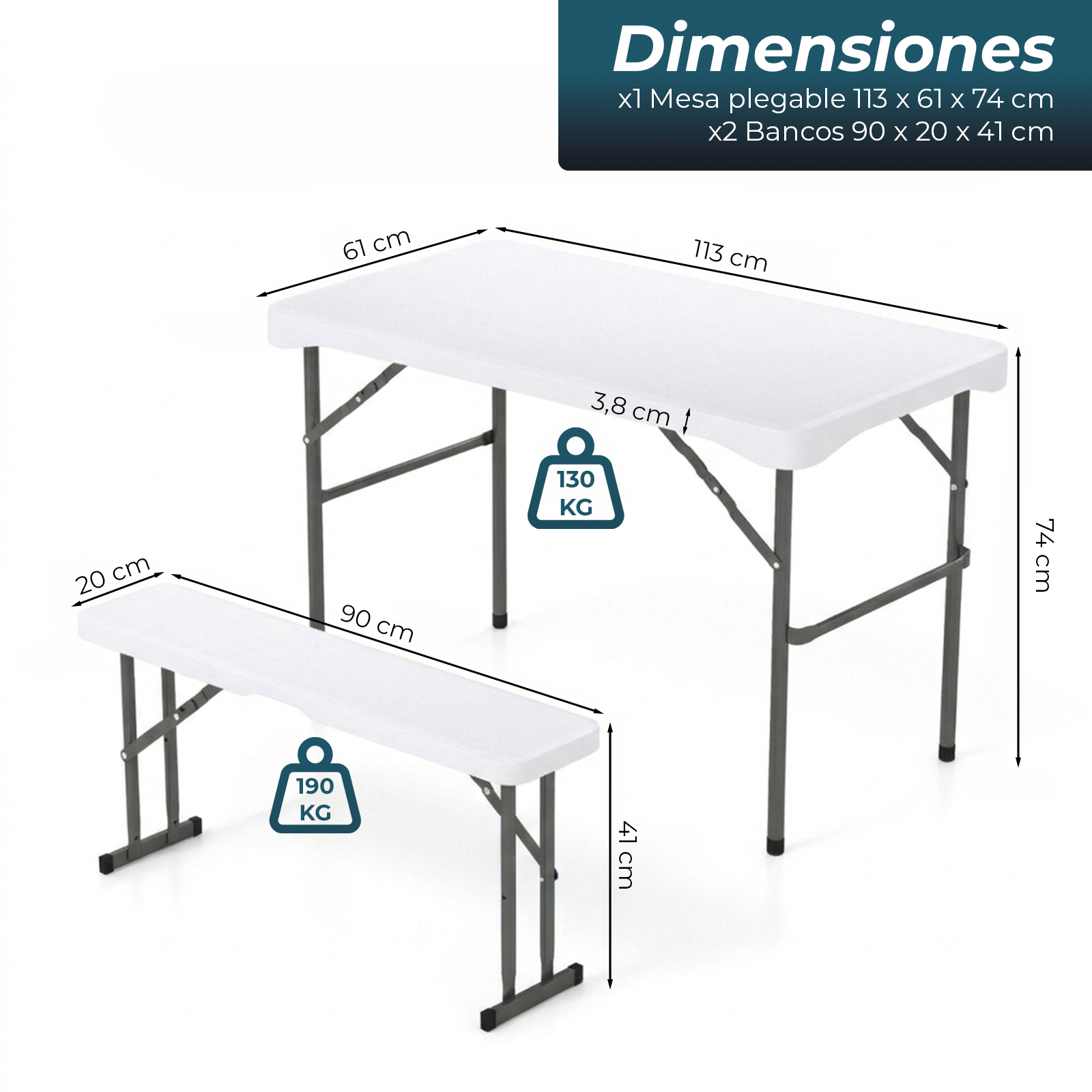 Mesa plegable blanca (113x61x74cm) y dos bancos (90x20x41cm) con medidas.