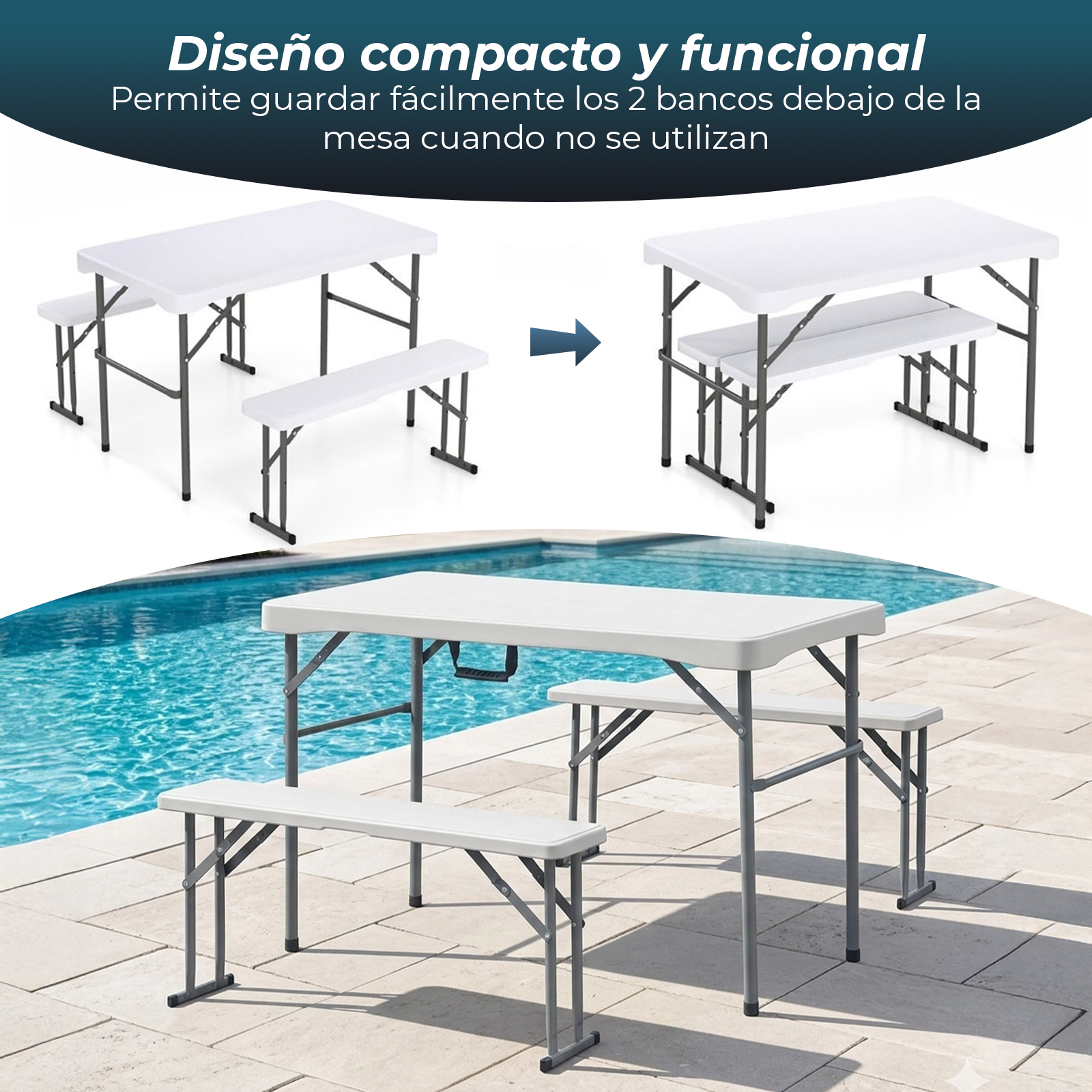 Una mesa blanca con dos bancos guardados debajo, junto a una piscina.