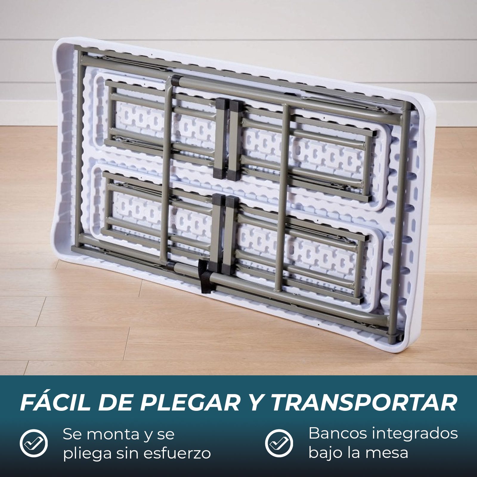 Una mesa plegable blanca con estructura de metal gris, plegada.