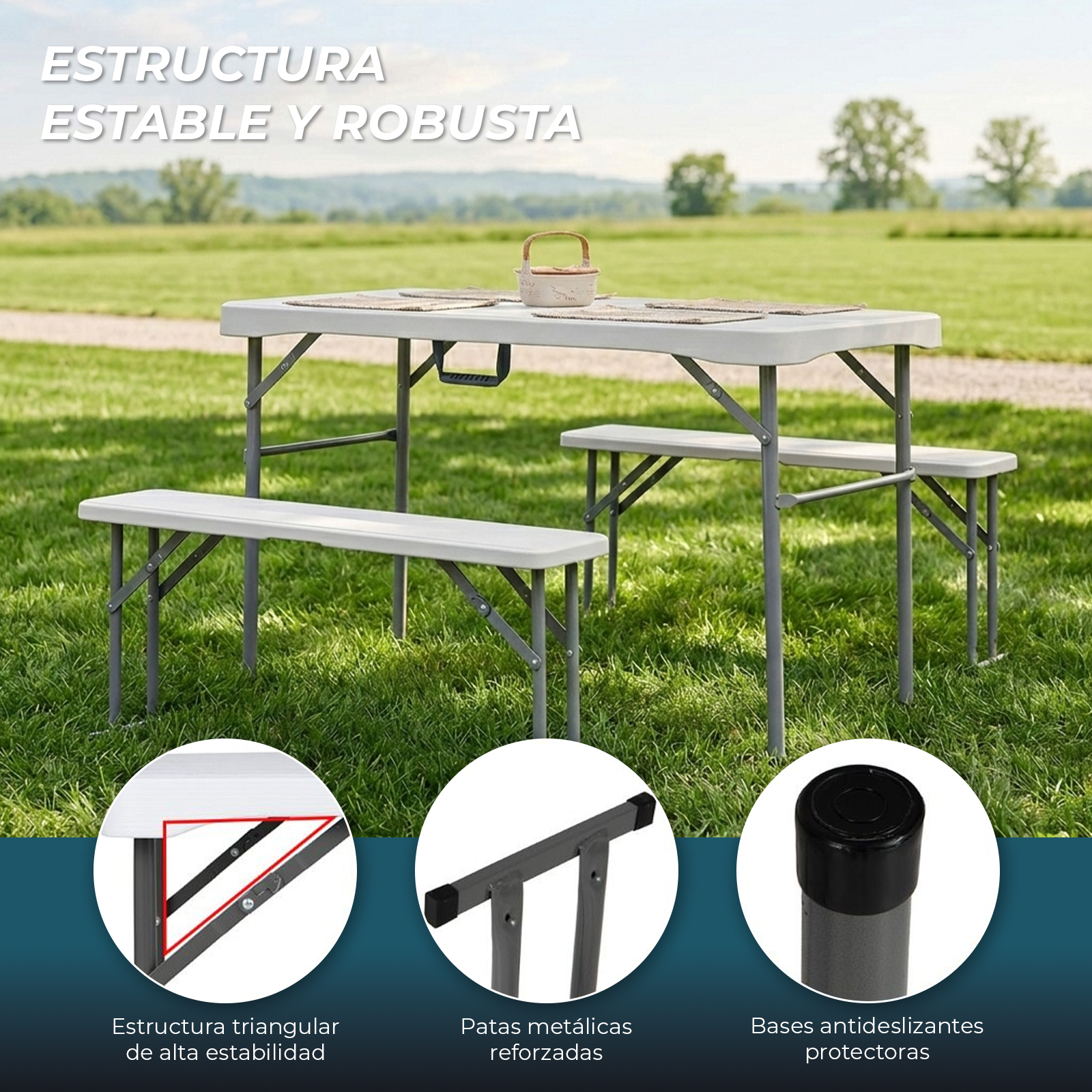 Una mesa blanca y dos bancos al aire libre, destacando la estabilidad.