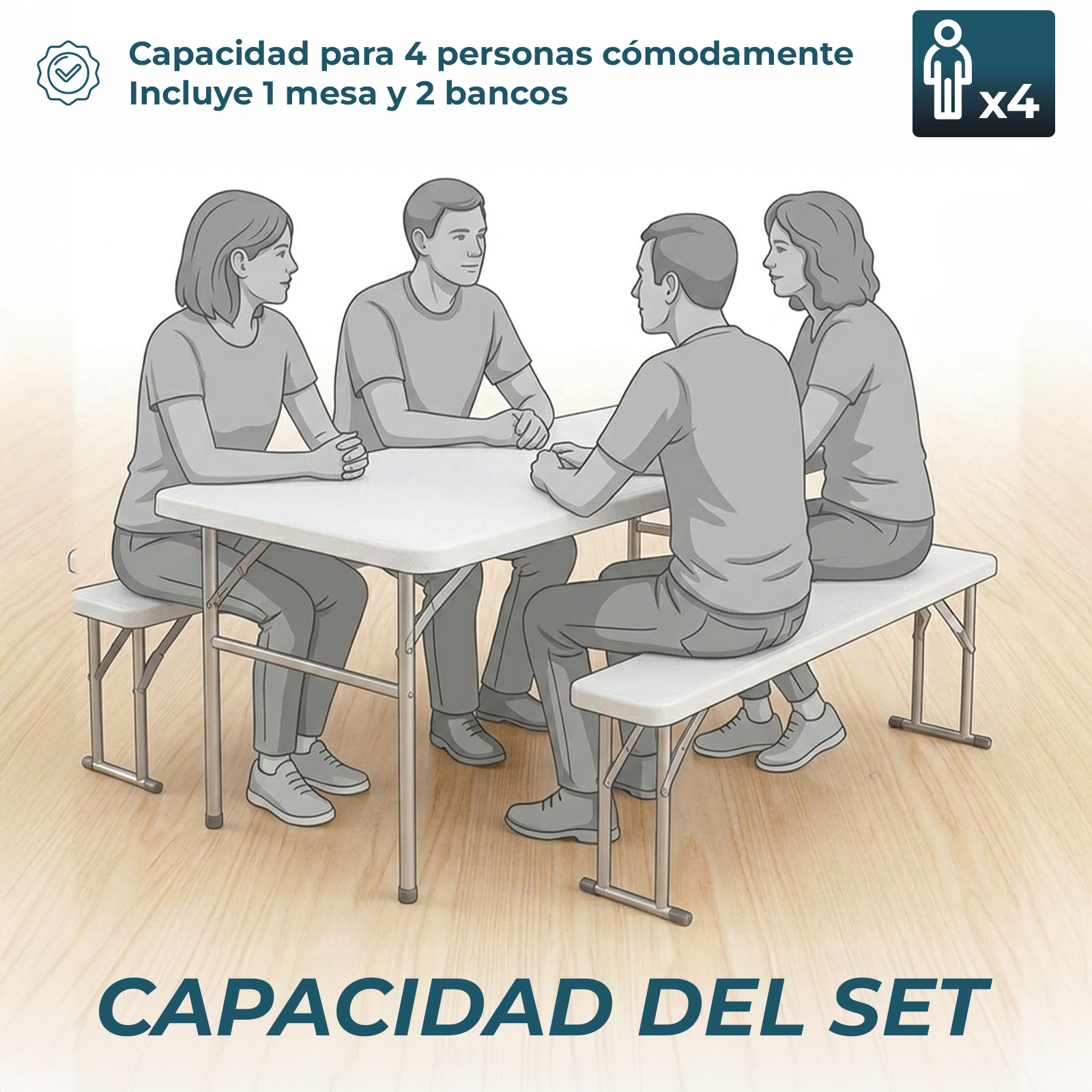 Cuatro personas sentadas en una mesa con dos bancos.