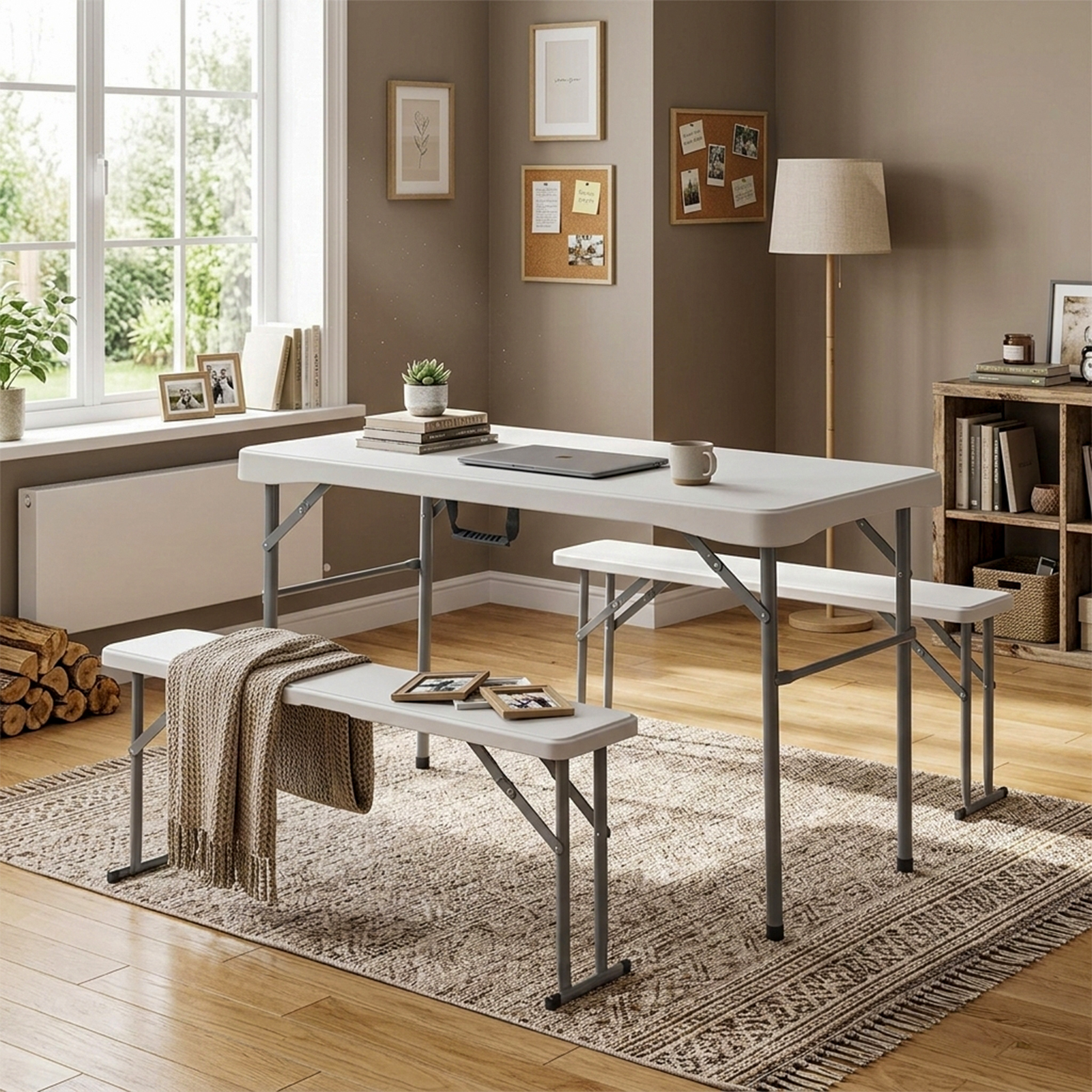 Mesa plegable blanca con dos bancos, uno con manta, alfombra y madera.