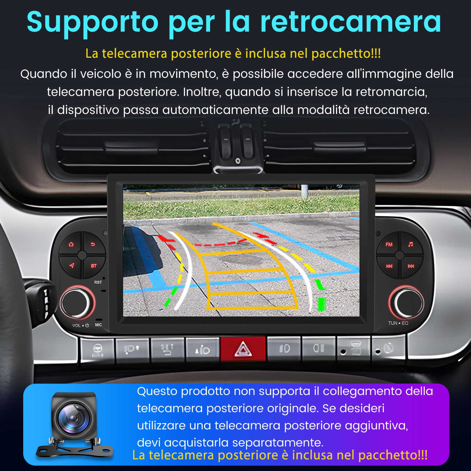 Un autoradio mostra la vista della telecamera posteriore con linee guida.