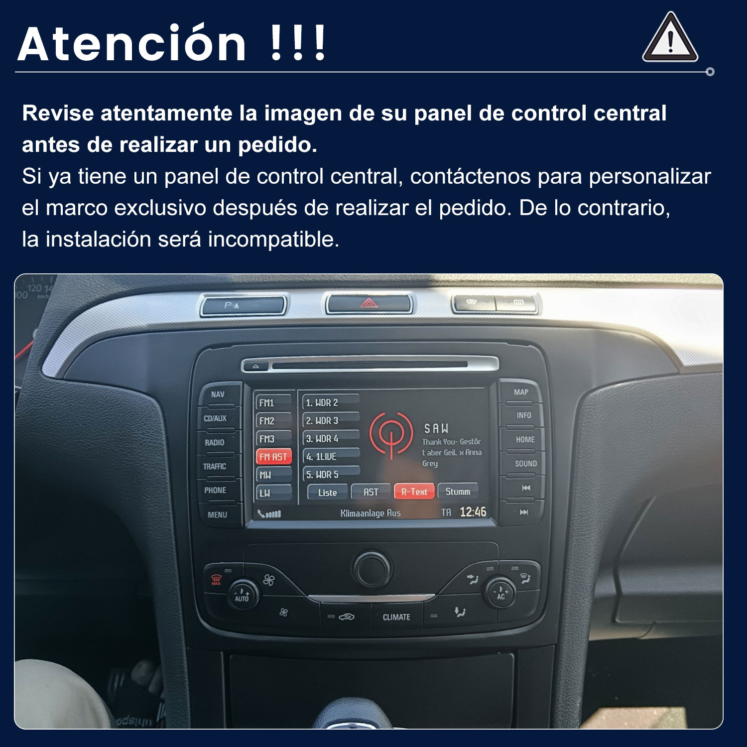 Salpicadero de coche con sistema de navegación y climatizador.
