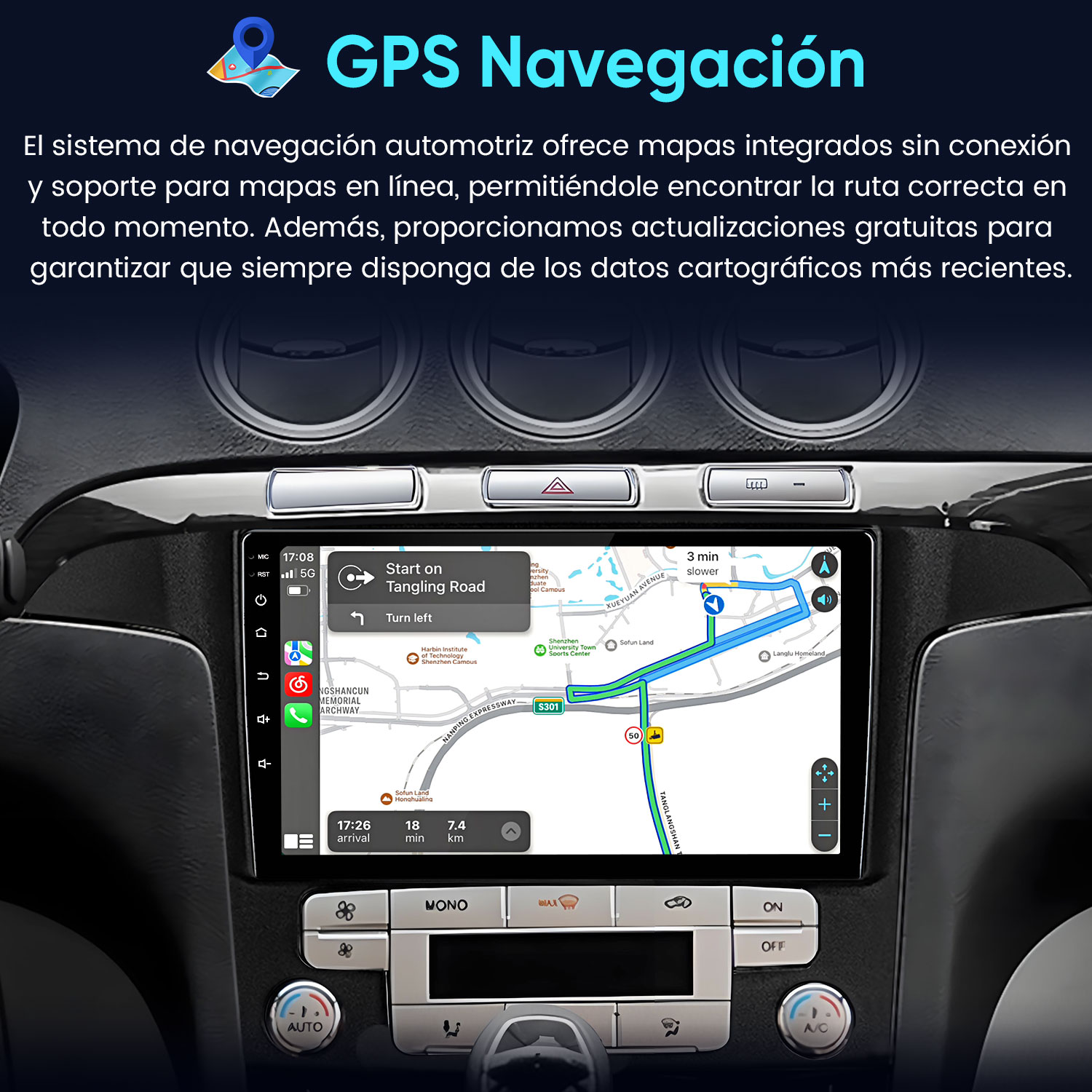 Salpicadero de coche mostrando una pantalla GPS con una ruta.