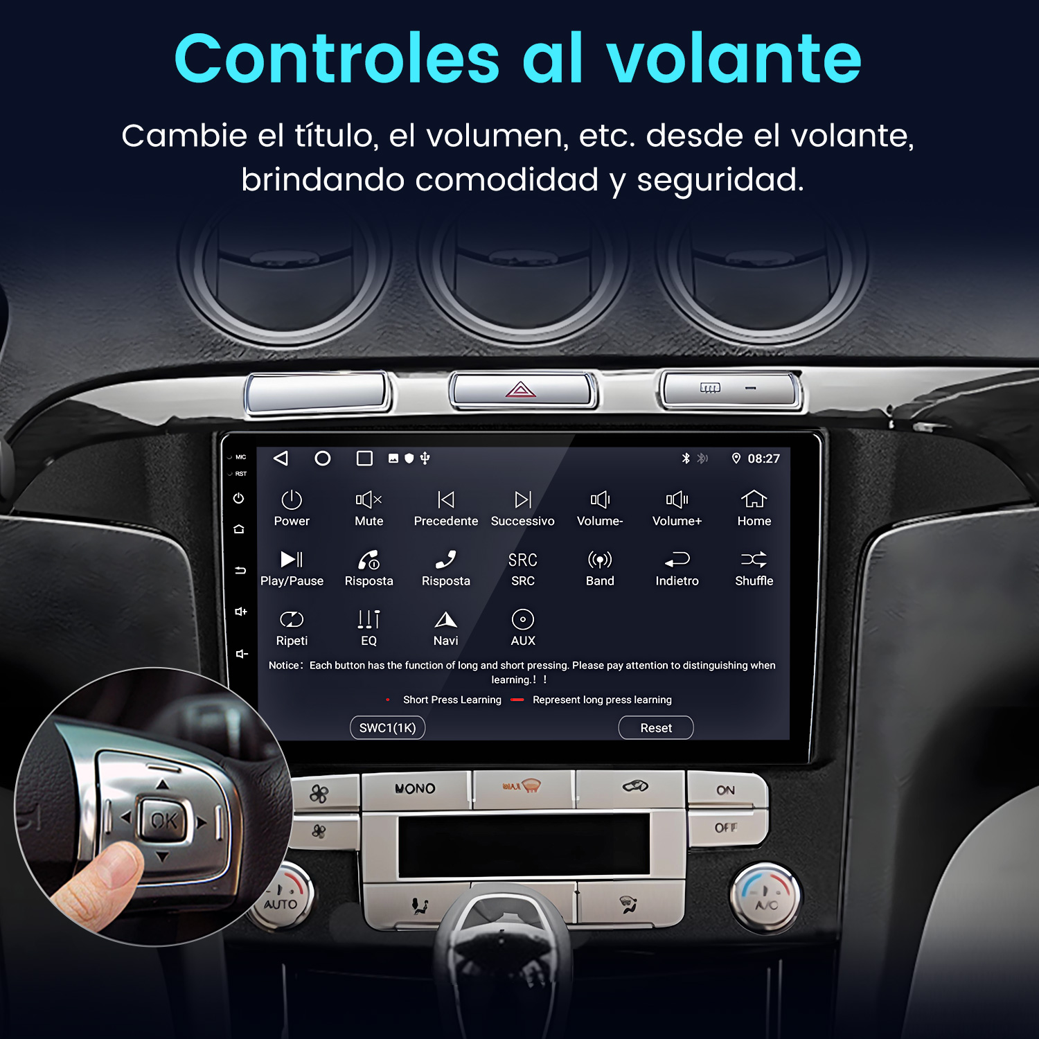 Primer plano del volante y el sistema de infoentretenimiento de un coche.
