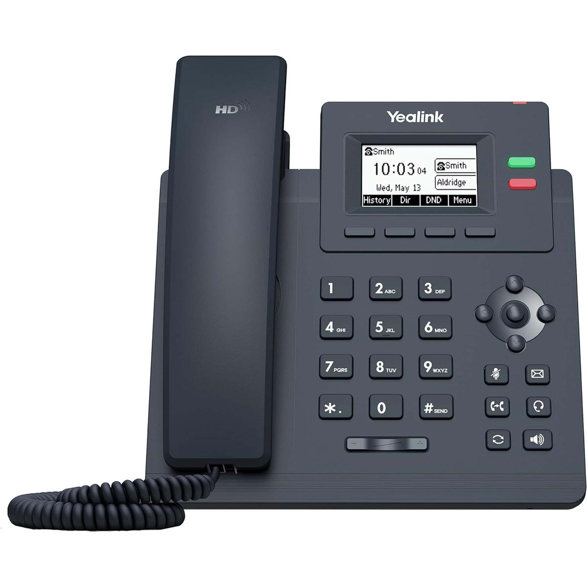 Ahize, ekran ve tuş takımı bulunan koyu gri Yealink IP telefon. HD logosu görünür.