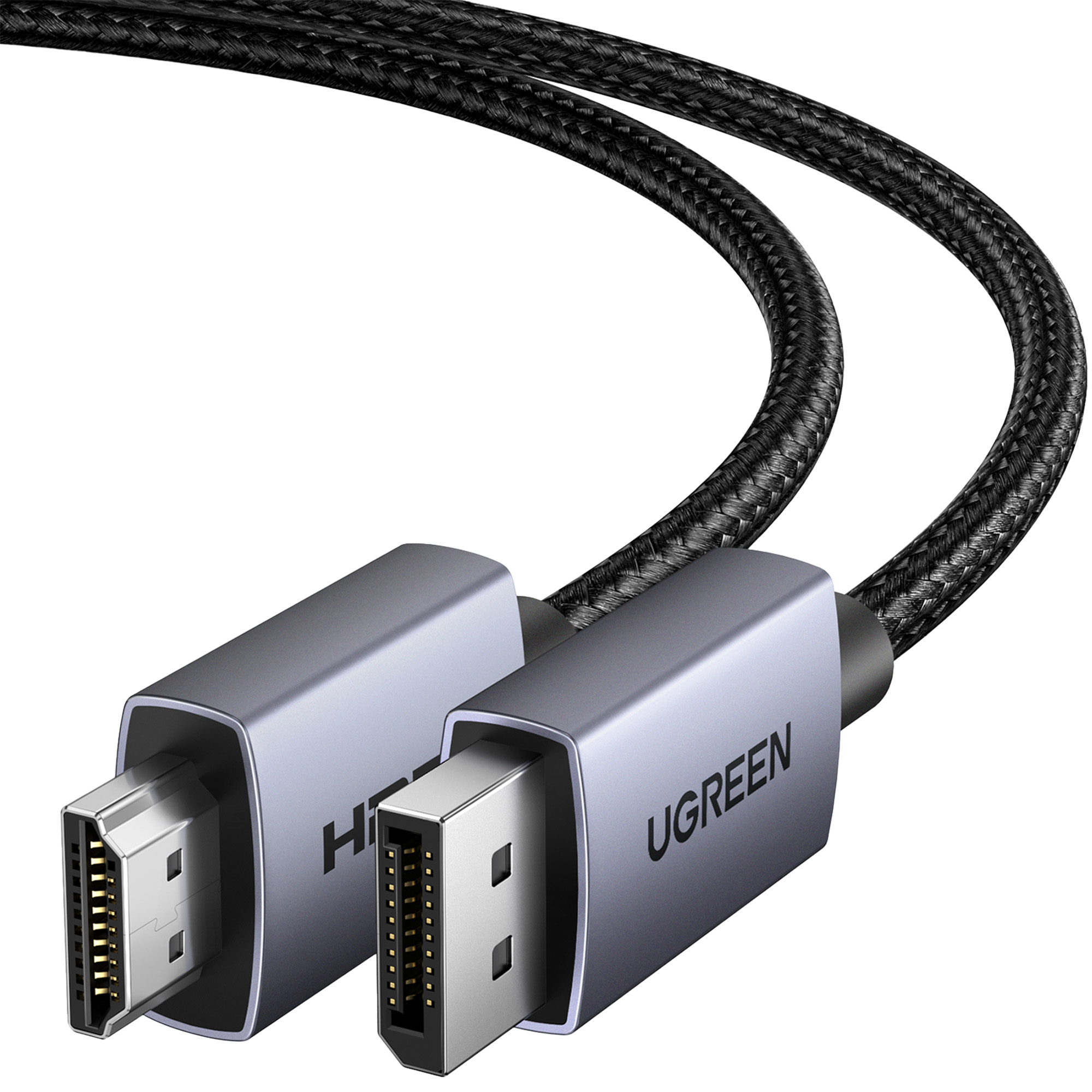İki gri konektörlü siyah örgülü HDMI kablosu.