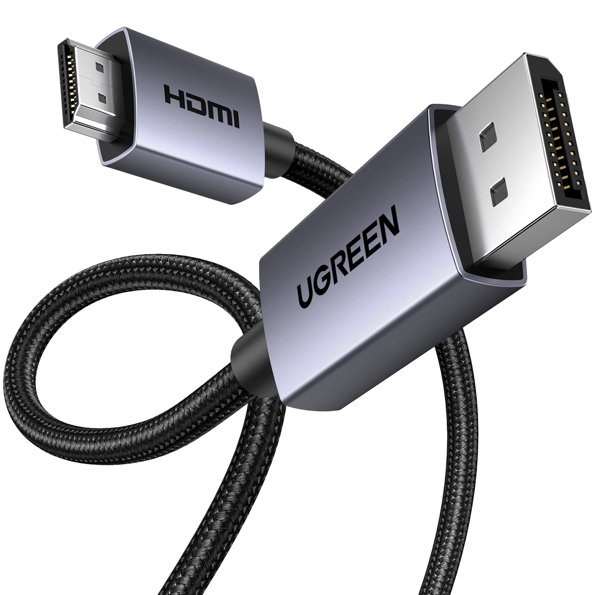 UGREEN logolu, örgülü siyah kablolu bir HDMI kablosu.