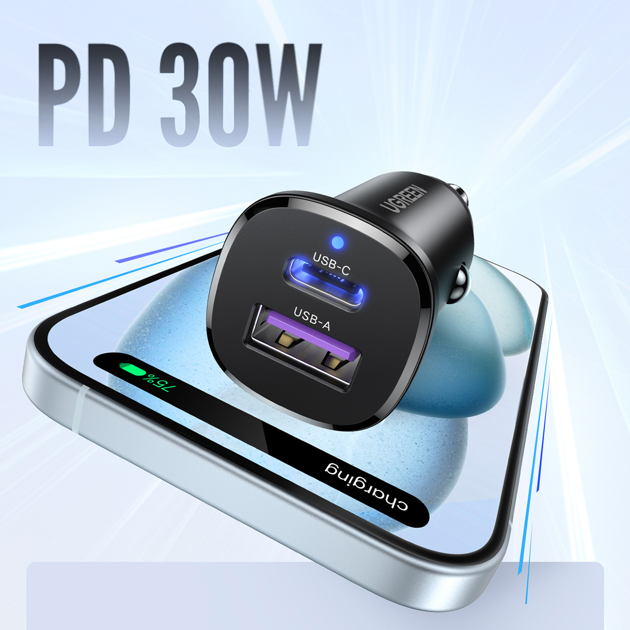 Czarna ładowarka samochodowa PD 30W z portami USB-C i USB-A na smartfonie.
