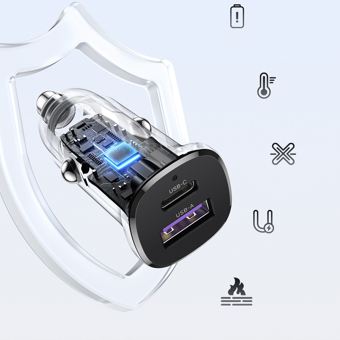 Przezroczysty adapter samochodowy z portami USB-C i USB-A, pokazujący obwody.