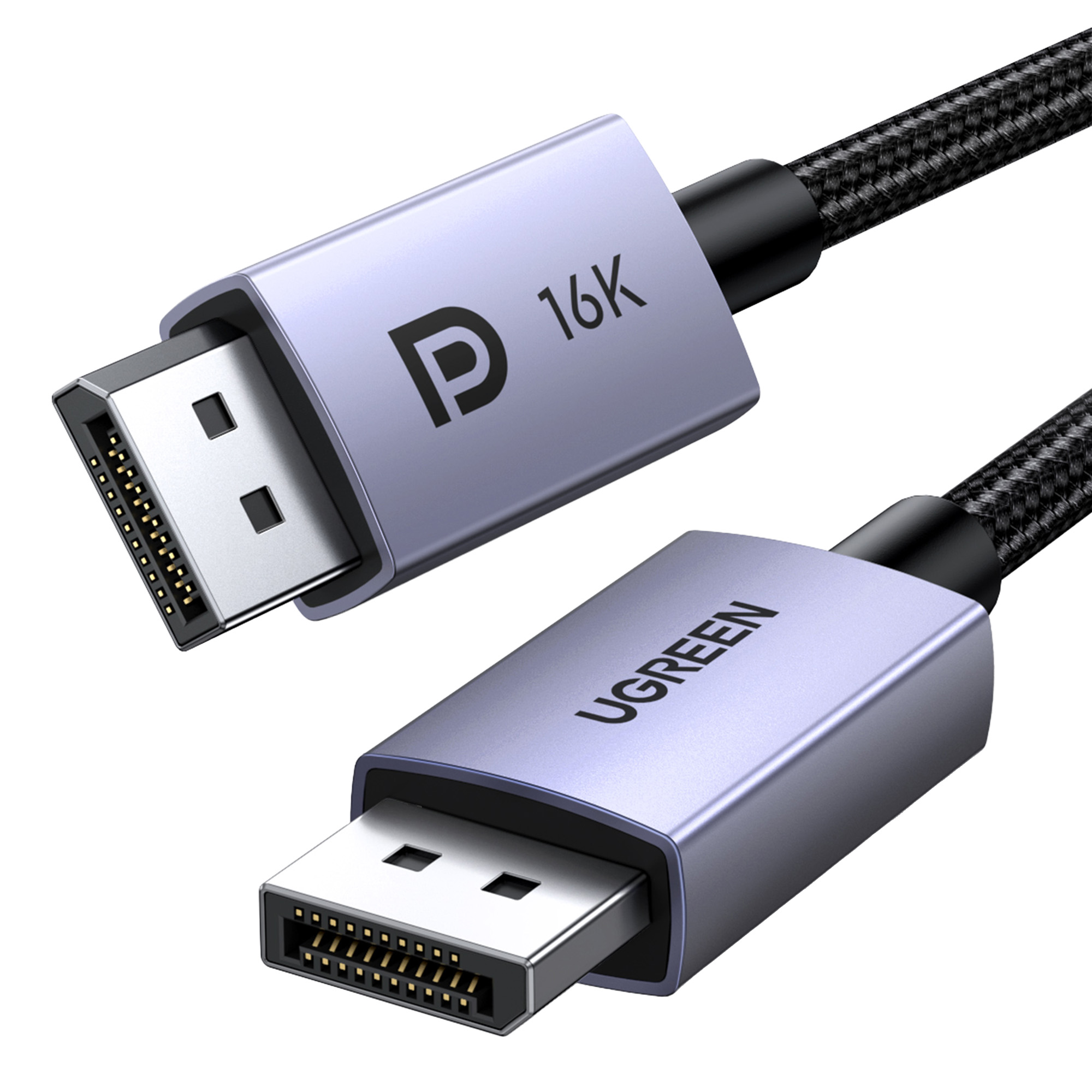 Dwa złącza kabla DisplayPort, jedno z logo 16K, oba srebrne.