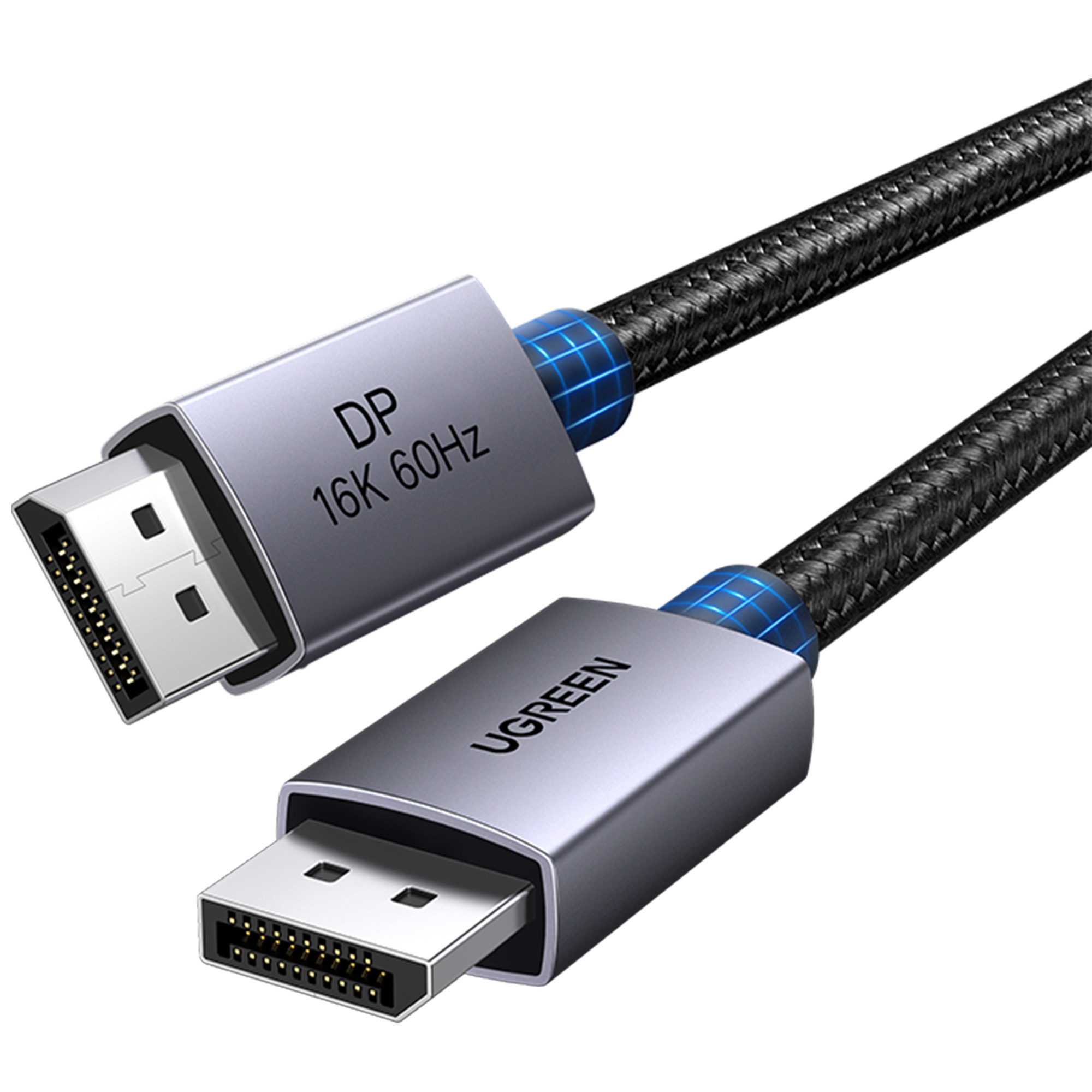 Due cavi DisplayPort argentati con fili neri intrecciati e accenti blu su bianco.