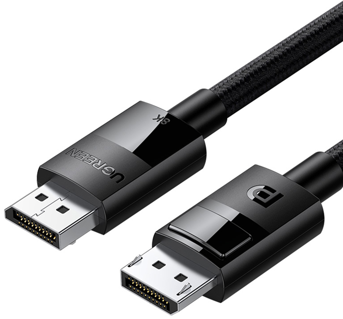 Un cavo DisplayPort 8K nero intrecciato con loghi UGREEN e P.