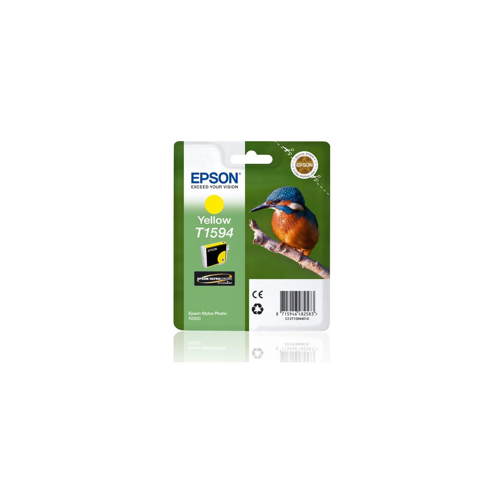 Epson T1594 yellow ink cartridge with kingfisher bird on a branch.