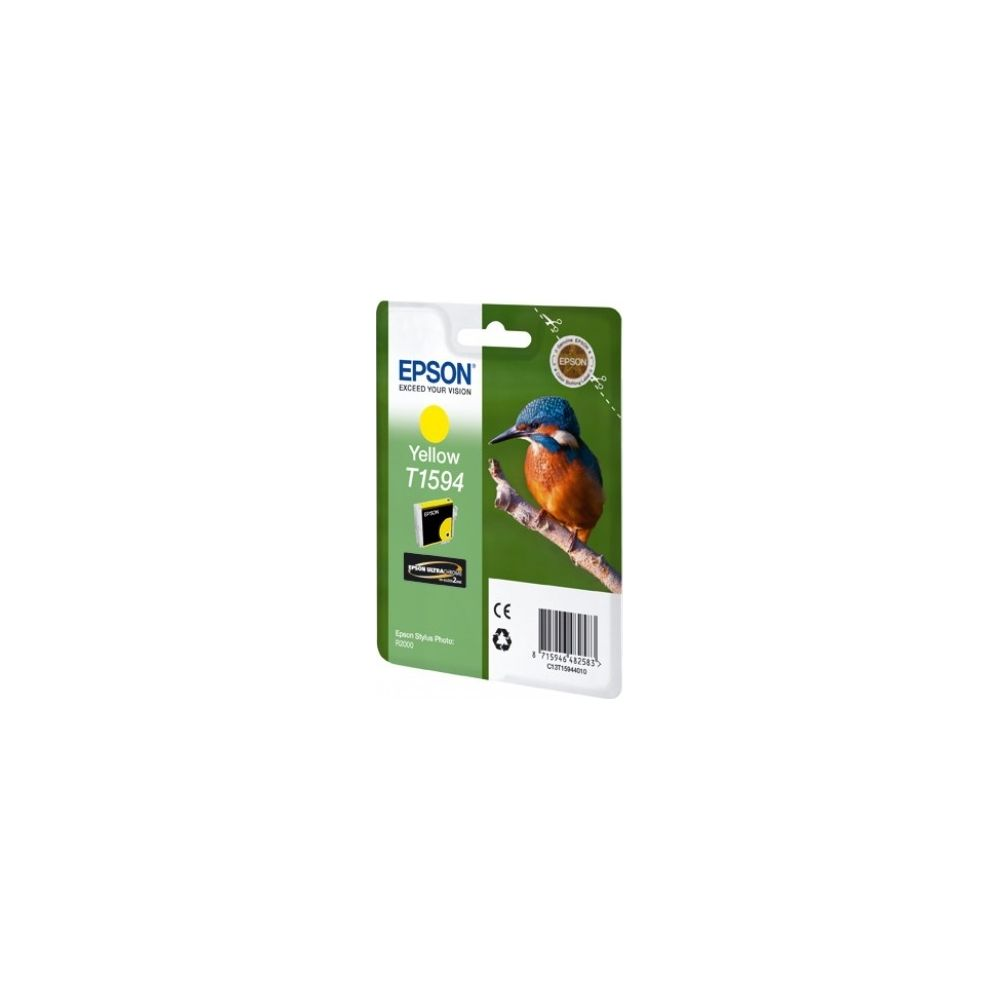 Epson yellow ink T1594 with a kingfisher on a branch, CE mark.