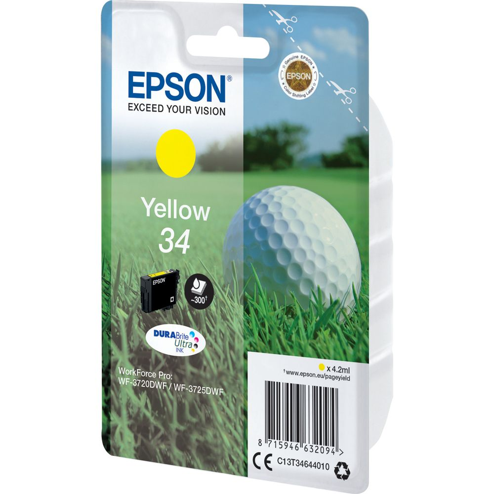 Cartouche d'encre Epson Jaune 34 avec balle de golf et herbe sur l'emballage.
