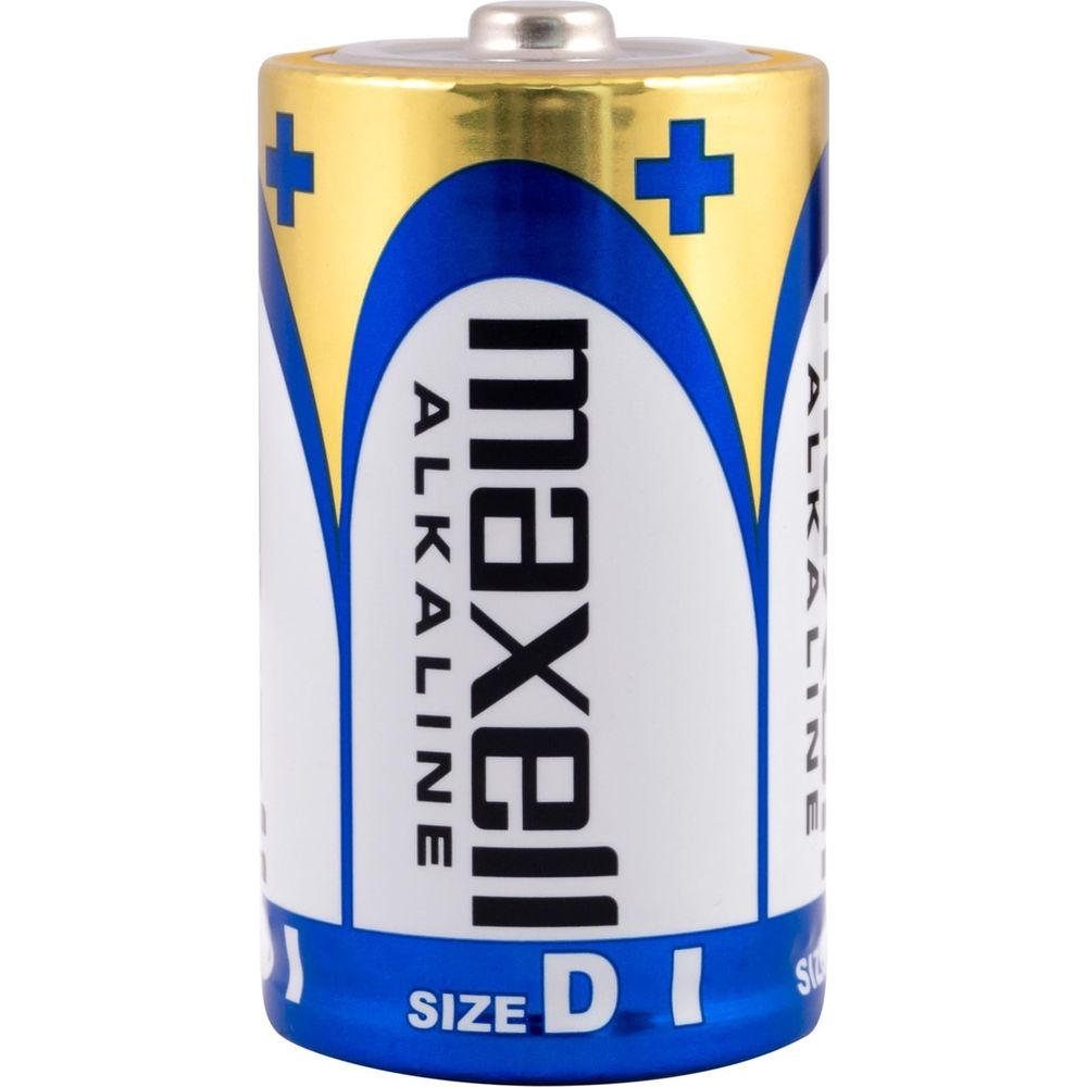 Una pila alcalina Maxell tamaño D con diseño azul y dorado y signos de más.