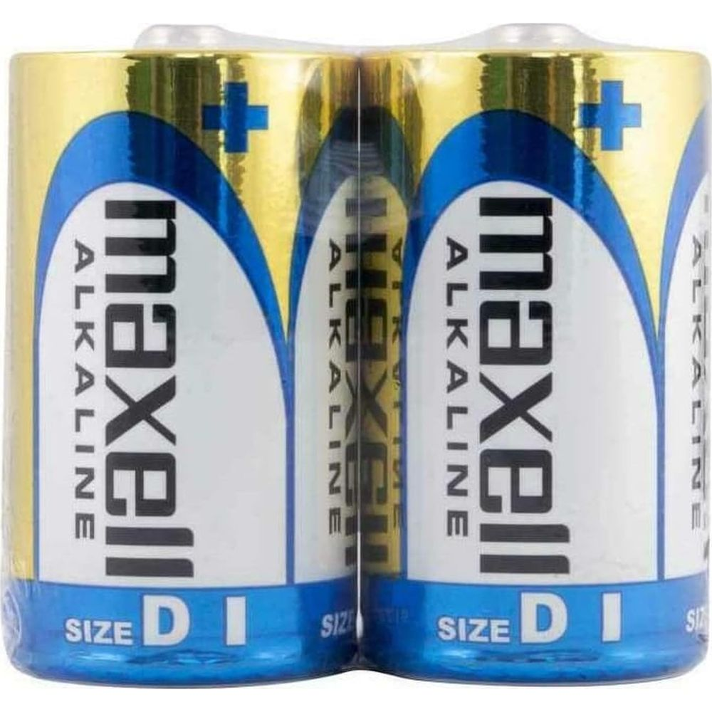 Dos pilas Maxell Alcalinas D en empaque azul y dorado.