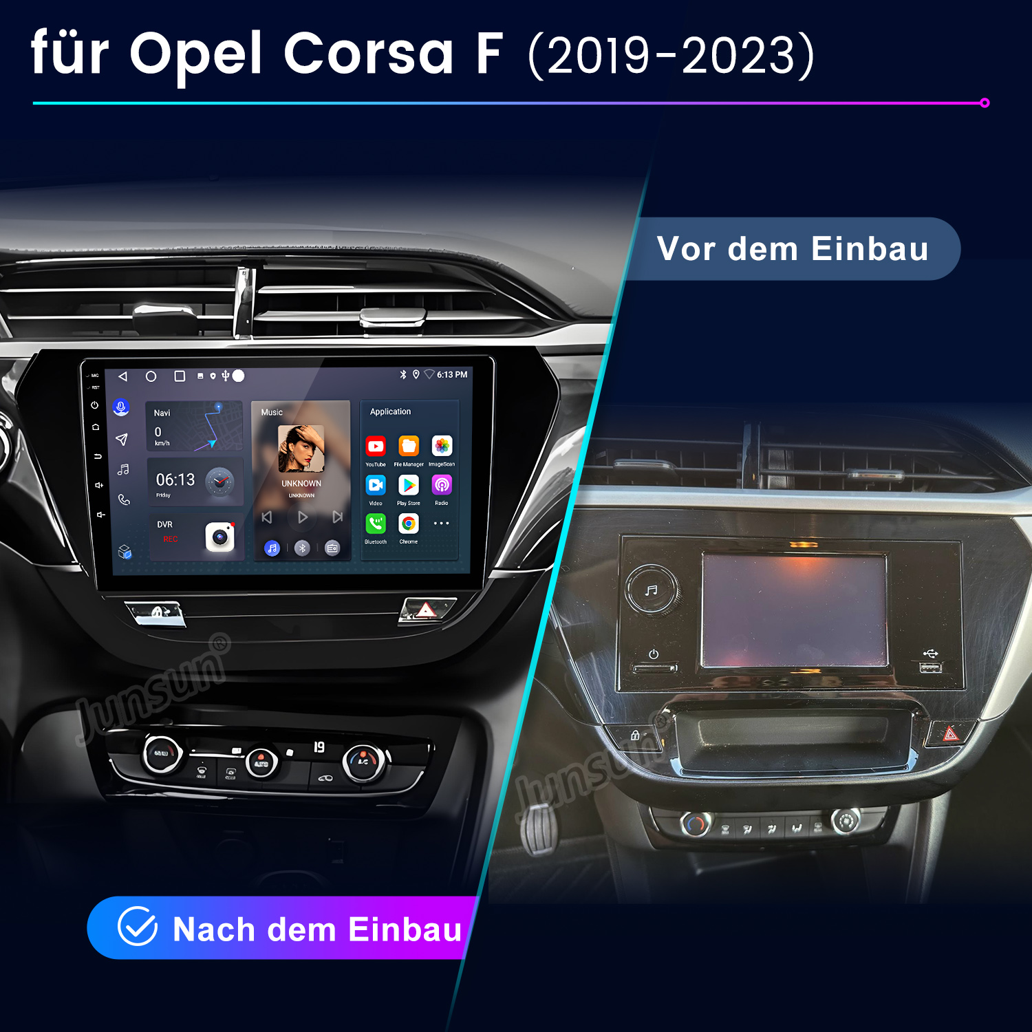 Opel Corsa F Infotainment-System: Vor und nach dem Einbau.