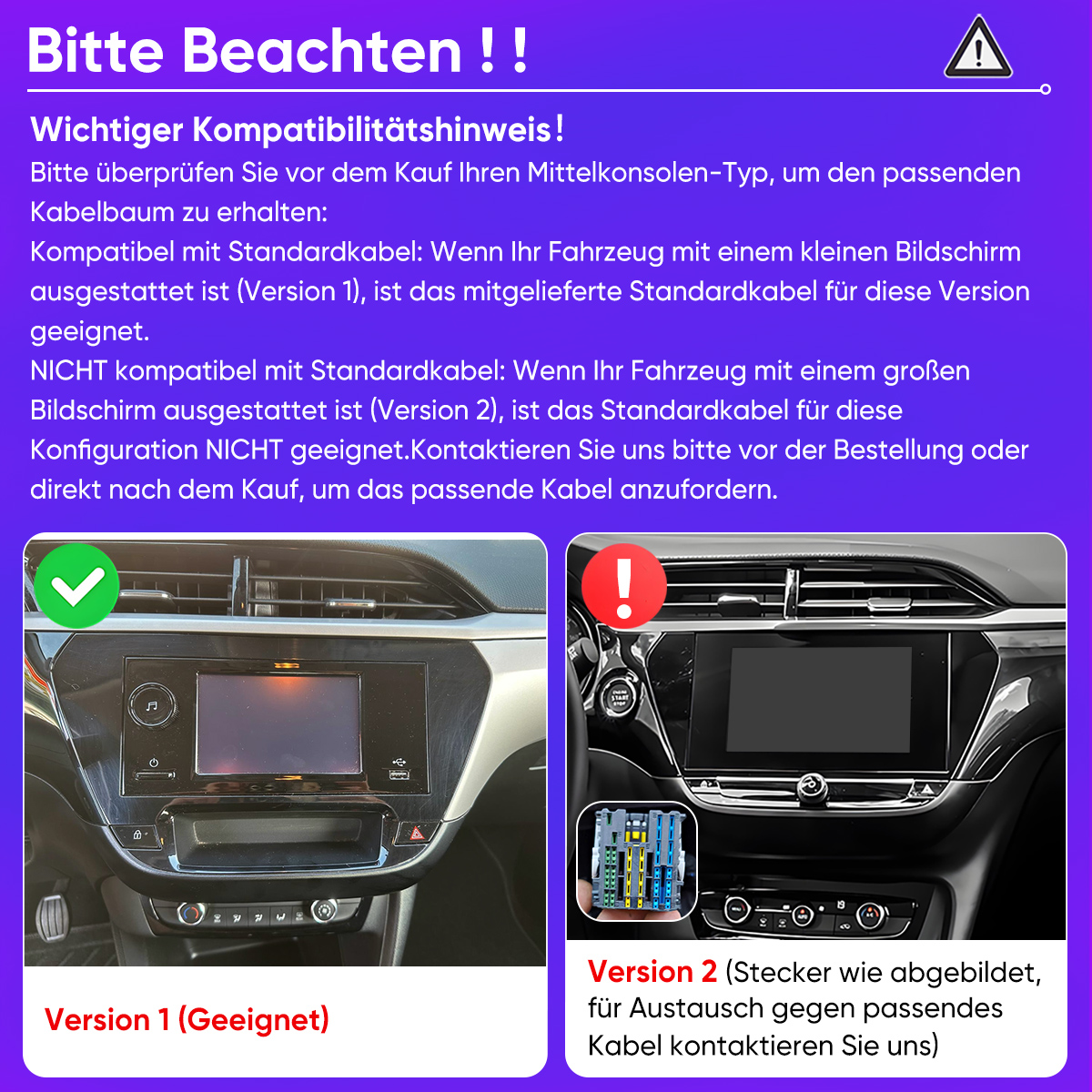 Zwei Auto-Innenraumansichten: Version 1 (links) mit kleinem Bildschirm, Version 2 (rechts) mit großem Bildschirm.