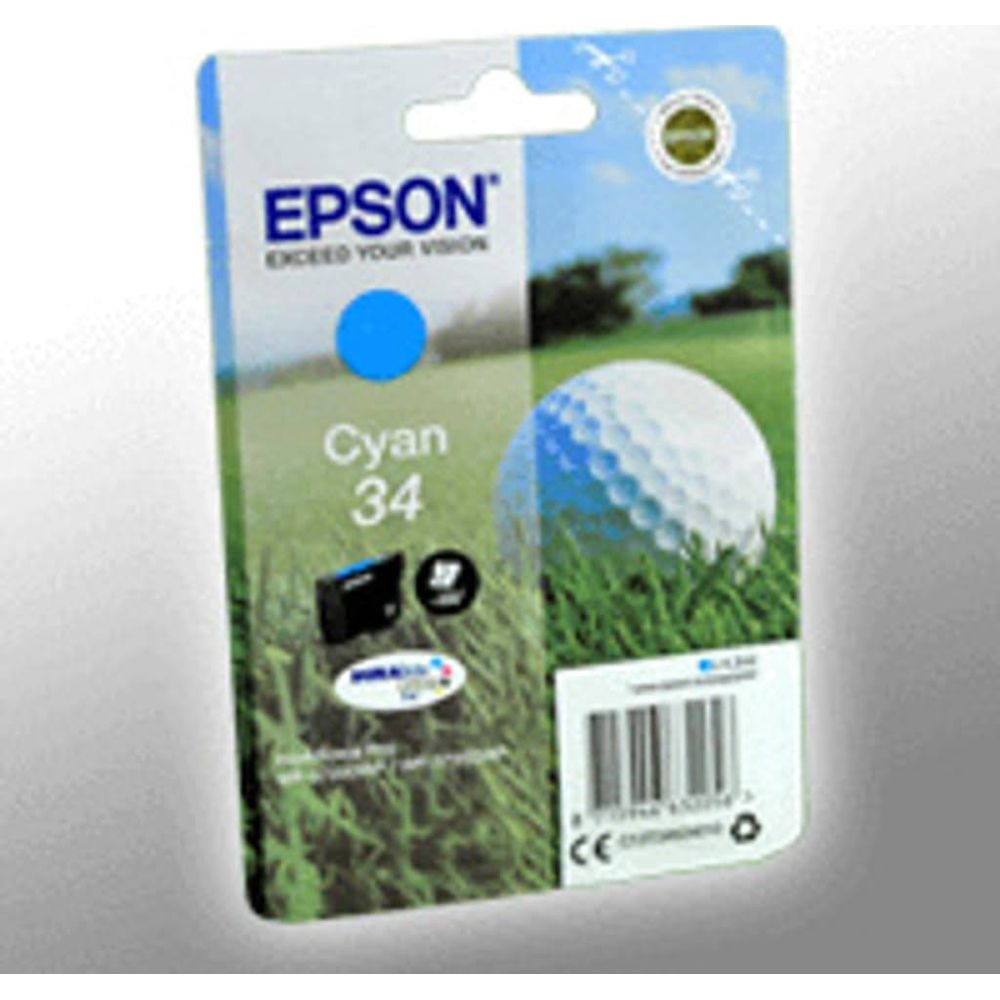 Cartucho de tinta Epson Cyan 34 con pelota de golf y césped.
