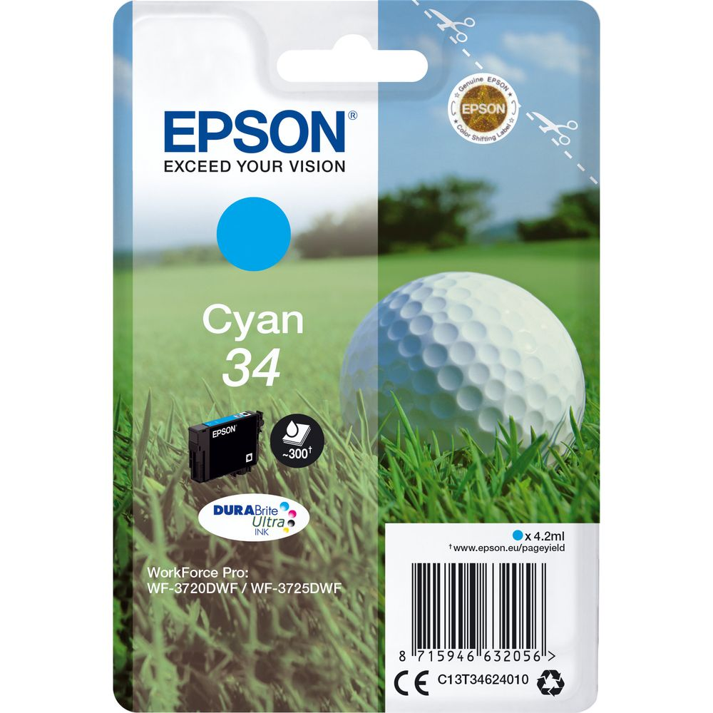 Cartucho de tinta Epson Cyan 34 con pelota de golf sobre césped. Modelo impresora WorkForce Pro.