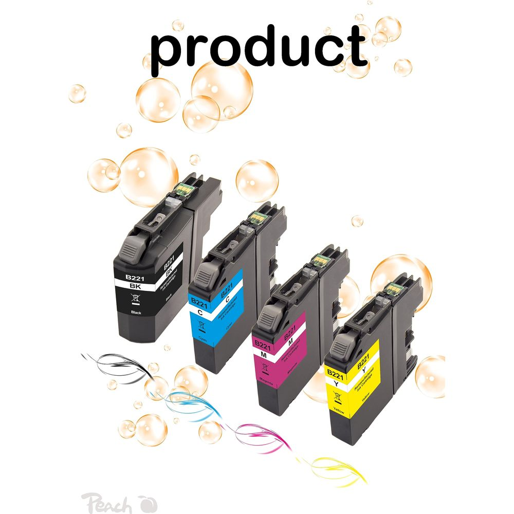 Cztery wkłady atramentowe: czarny, cyjan, magenta, żółty, otoczone bańkami i wstążkami.