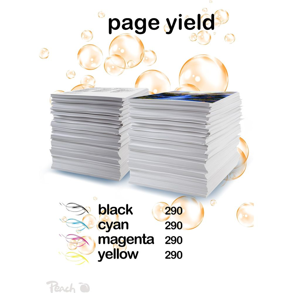 Dwa stosy papieru z obrazkiem baniek i wydajnością tuszu.