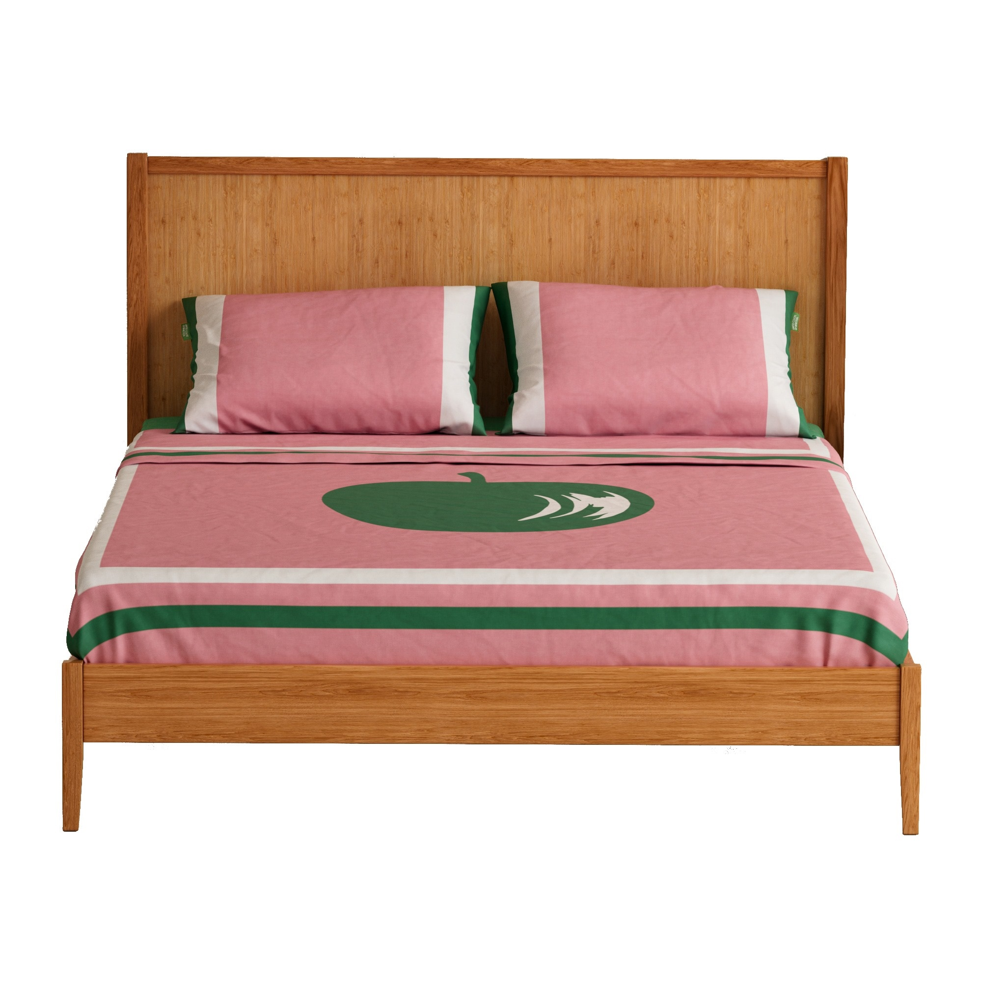Una cama con marco de madera y ropa de cama rosa con diseño de manzana verde.