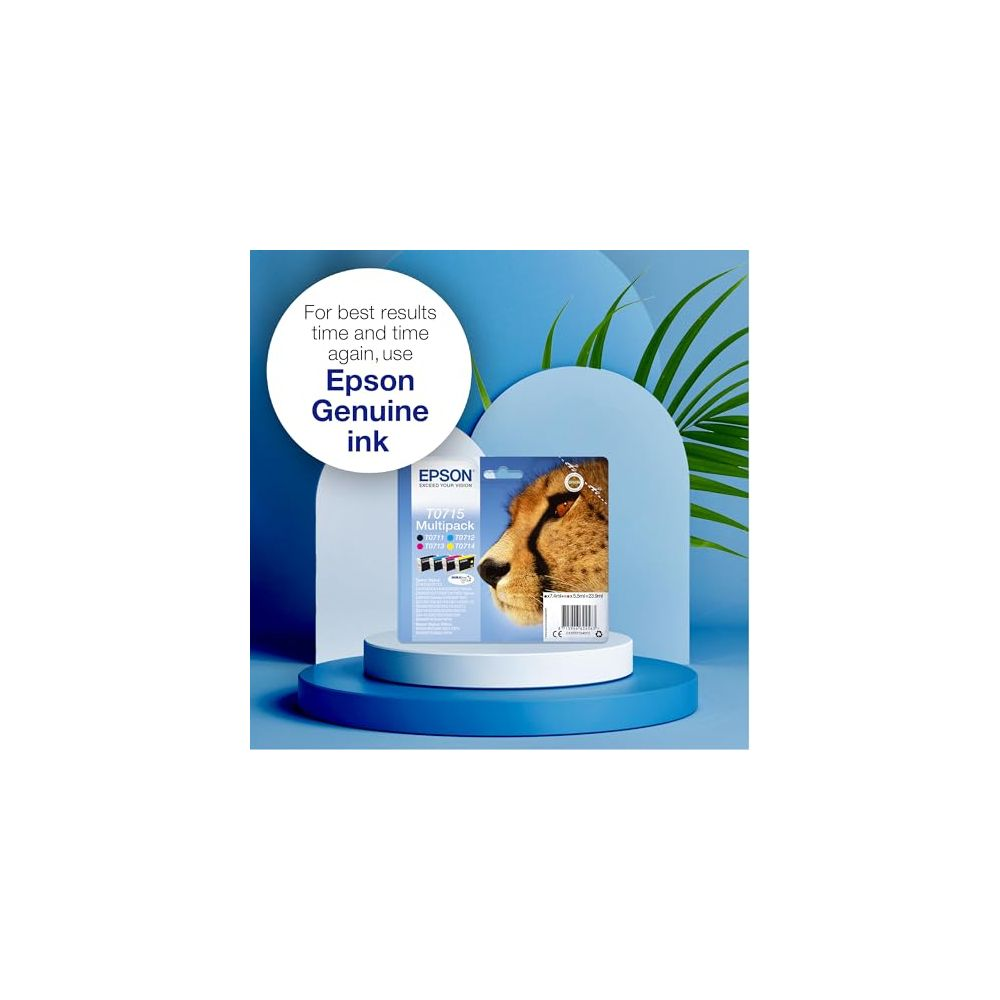 Multipack de tinta original Epson con imagen de guepardo en exhibición azul y blanca.