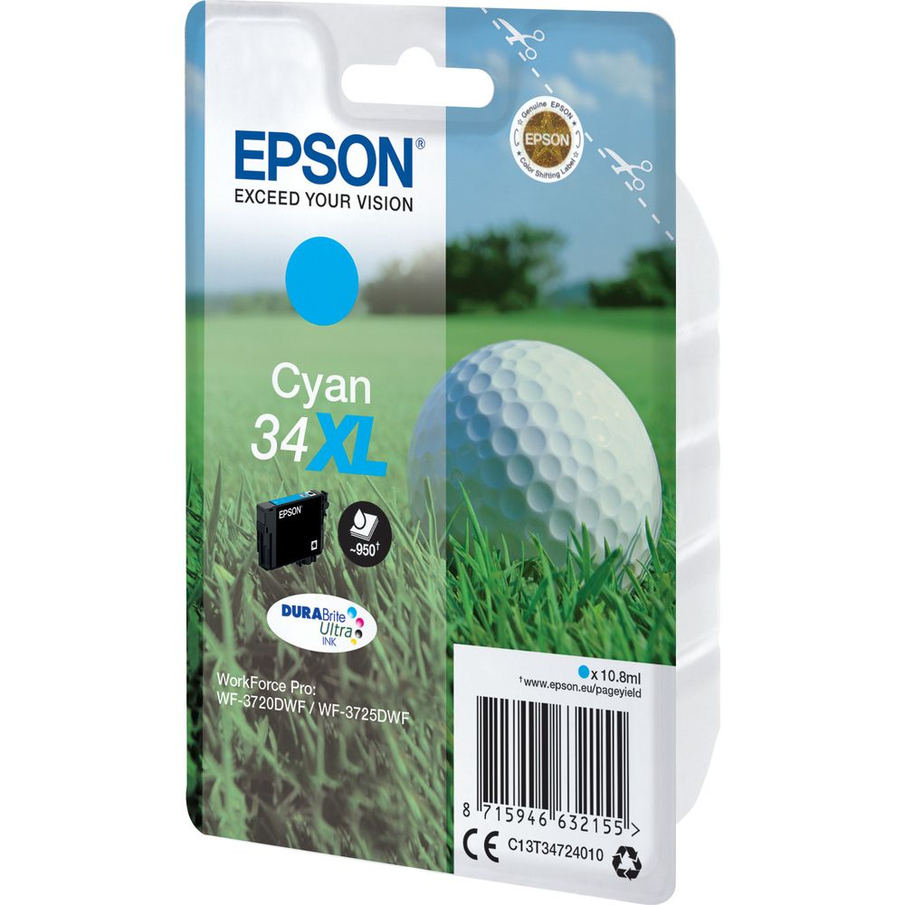Cartuccia d'inchiostro Epson Cyan 34XL con pallina da golf e erba su confezione.
