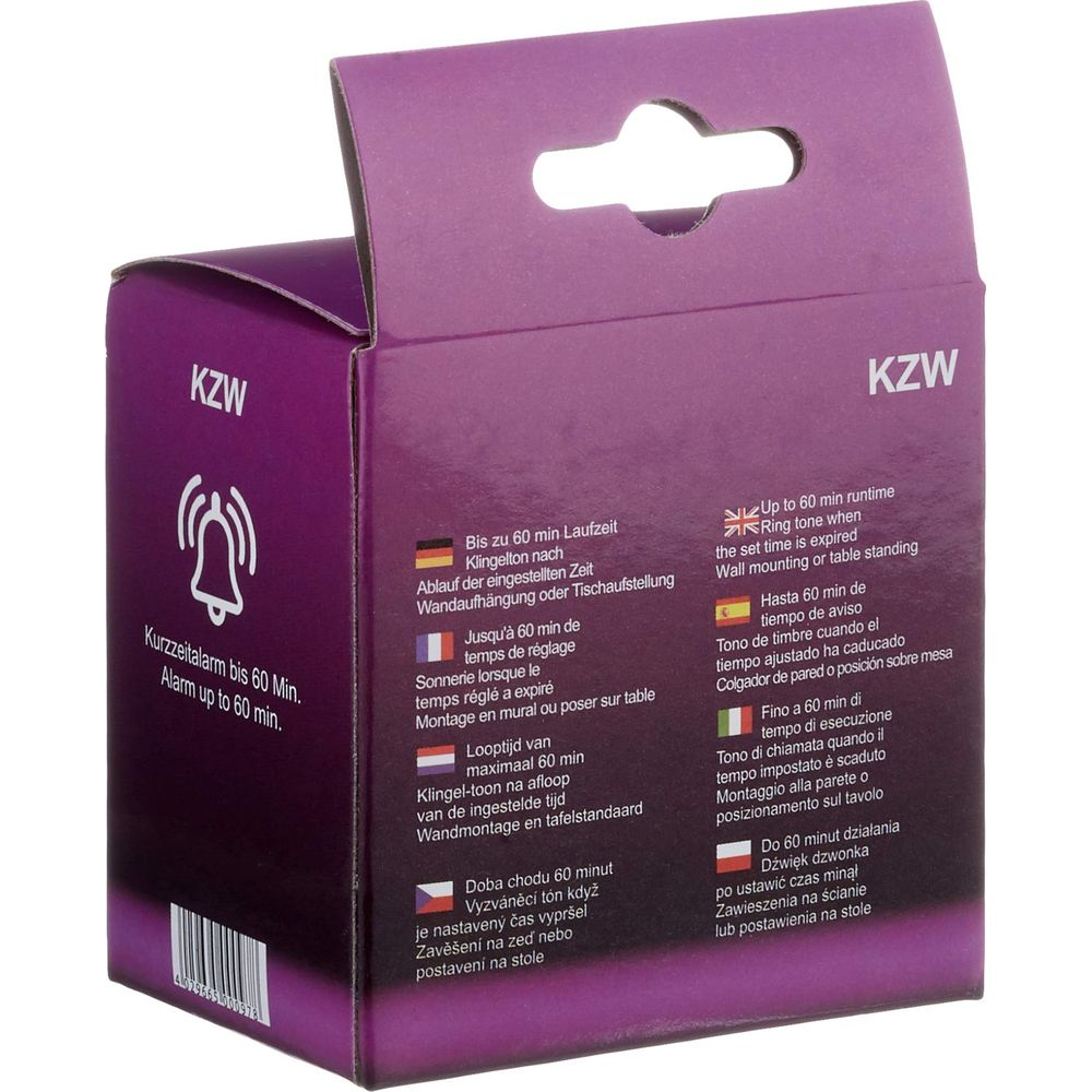 Boîte violette logo KZW et symbole alarme. Jusqu'à 60 min.