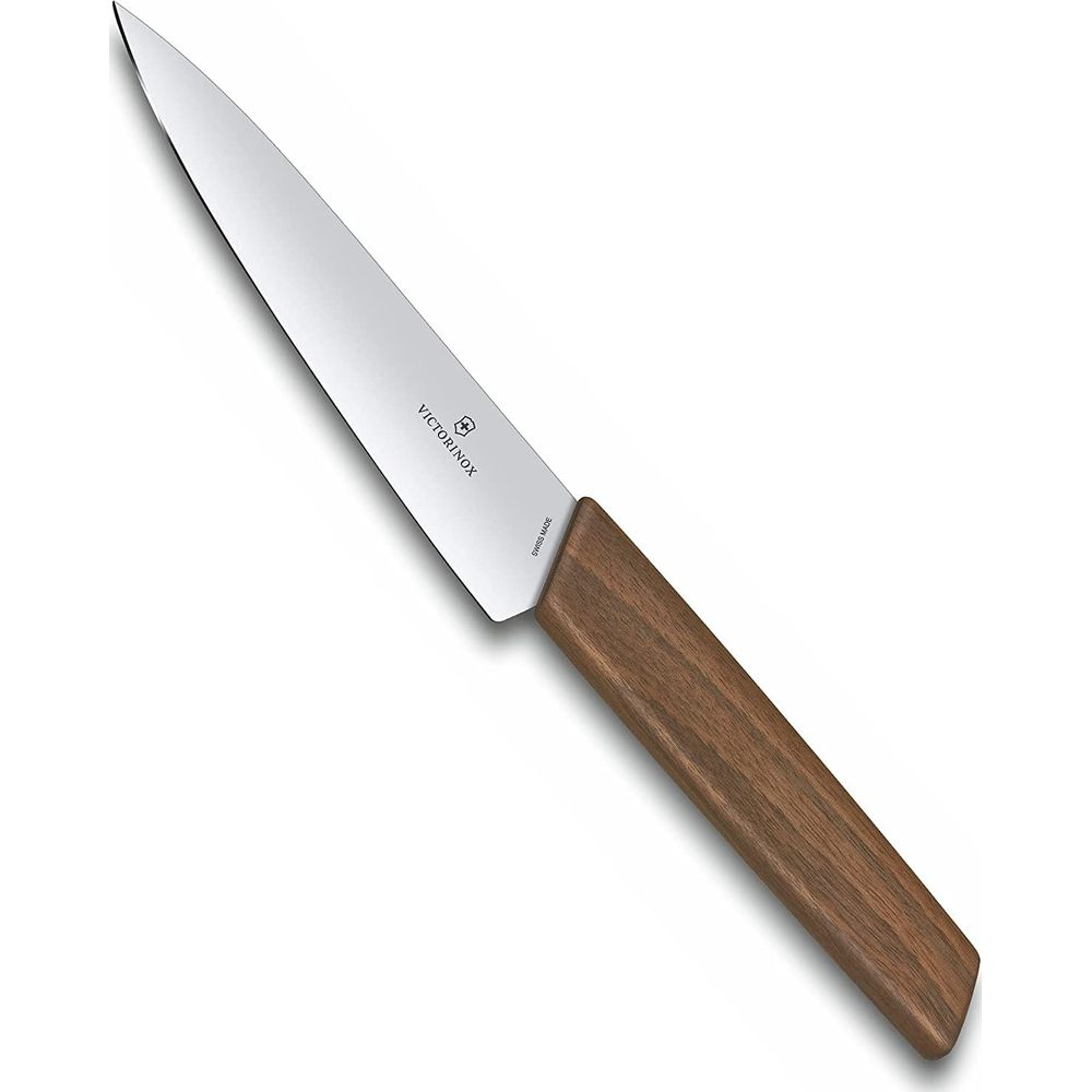 Ein Victorinox-Messer mit Holzgriff auf weißem Hintergrund.