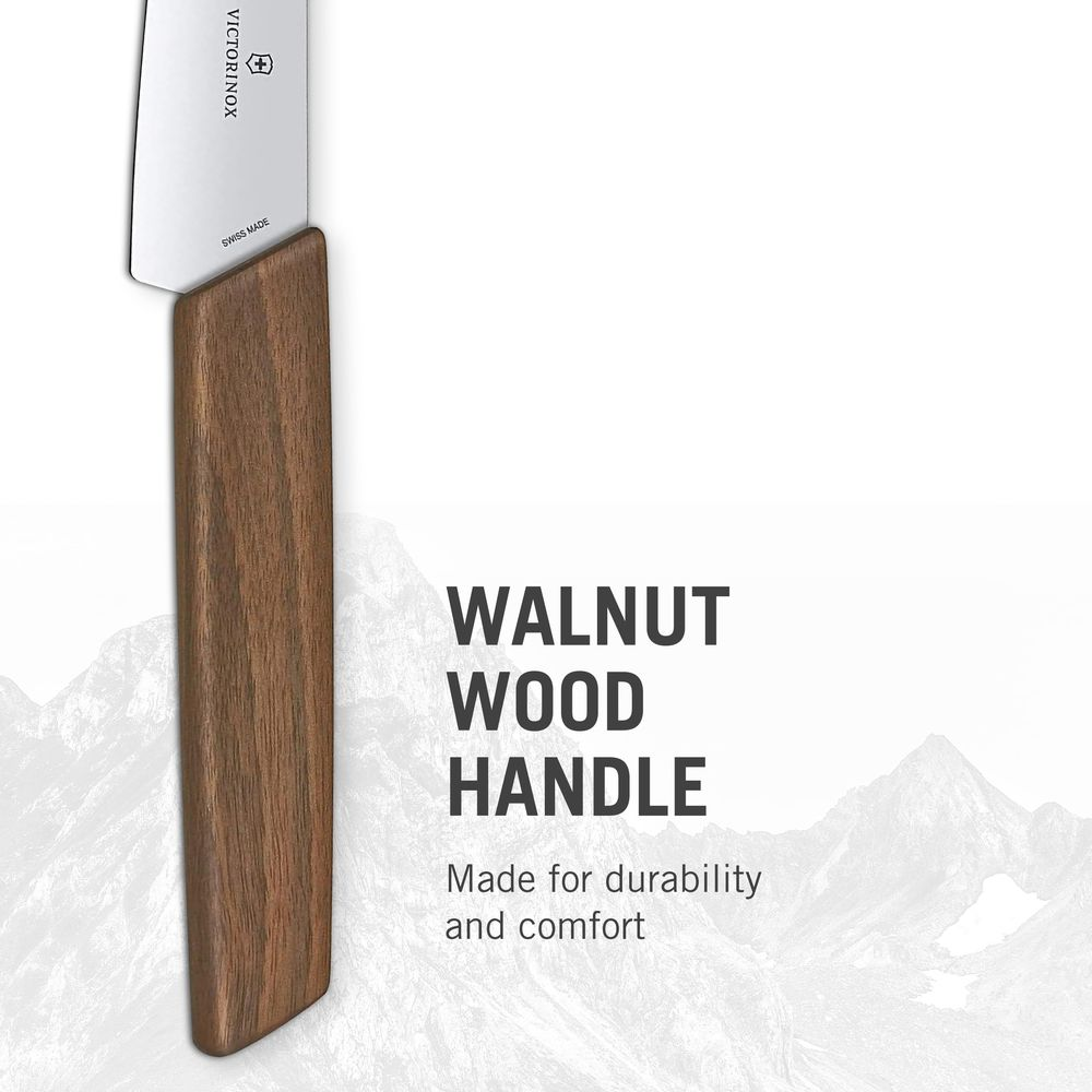 Ein silbernes Messer mit braunem Holzgriff steht auf einem Bergmotiv.