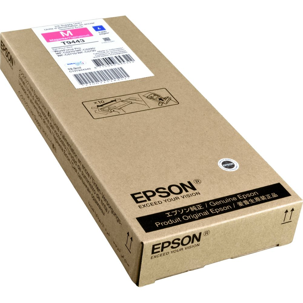 Tusz Epson T9443 Magenta. Pudełko kartonowe z informacjami o produkcie.