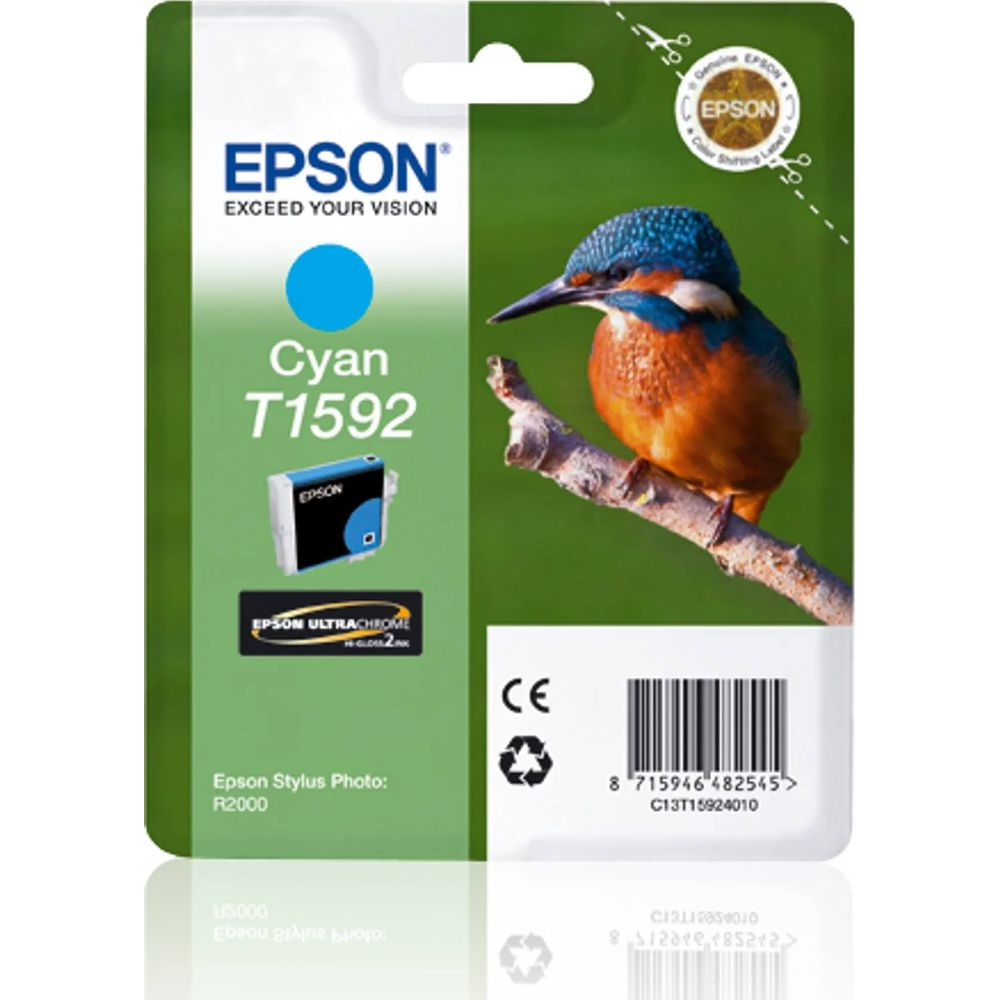 Epson Cyan Tintenpatrone T1592 mit einem Eisvogel auf einem Ast vor grünem Hintergrund.