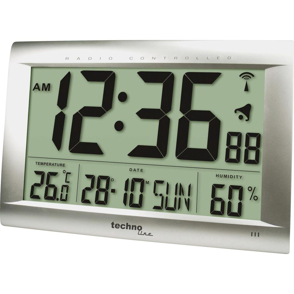Radiogesteuerte Uhr zeigt 12:36, 26,5°C, 28.10. Sonntag, 60% Luftfeuchtigkeit.