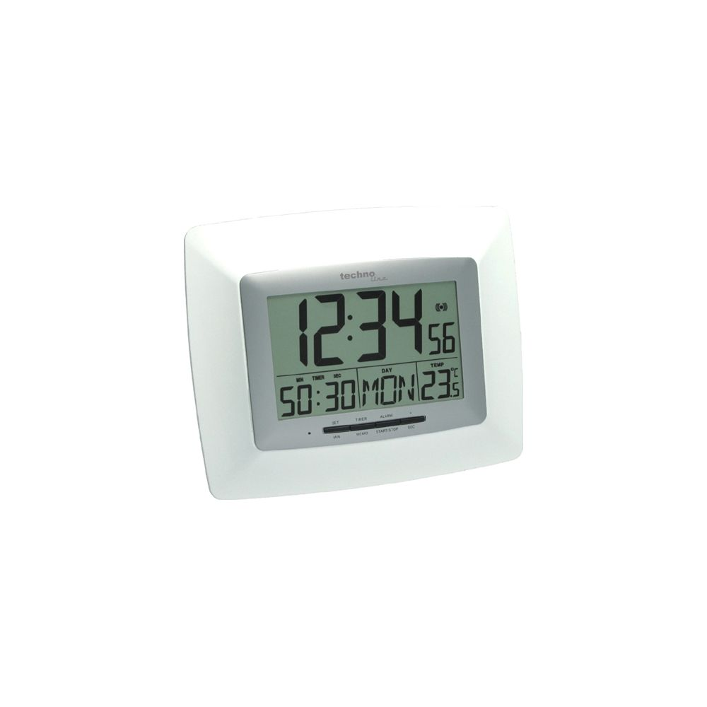 Ein weißer digitaler Wecker mit großem Display zeigt Zeit, Datum und Temperatur an.